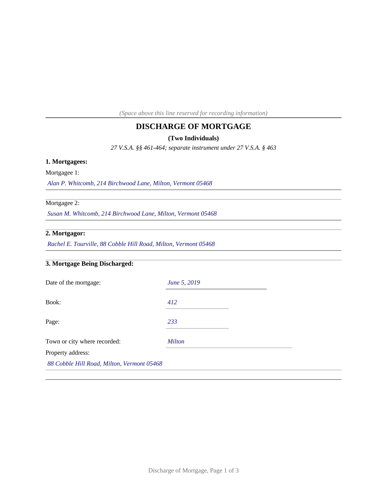 Essex County Completed Example of the Discharge of Mortgage (Two Individuals) Document