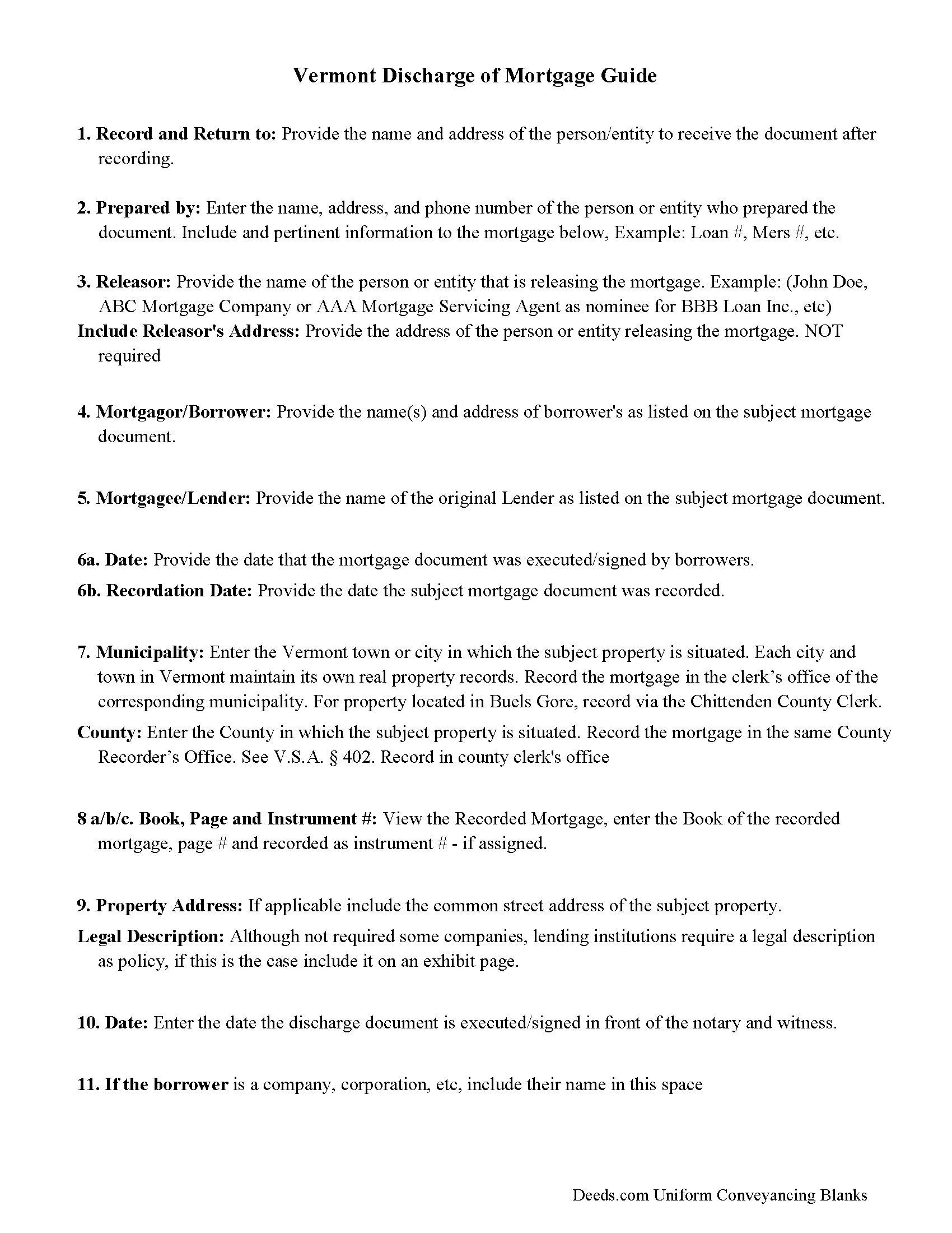 Addison County Discharge of Mortgage Guidelines