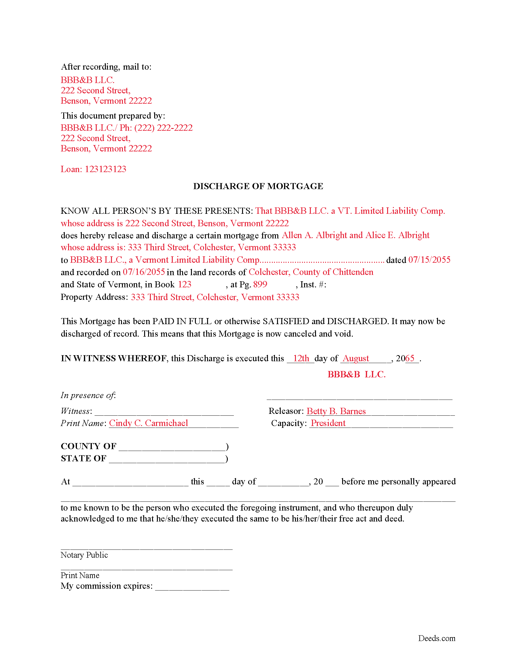 Addison County Completed Example of the Discharge of Mortgage Document