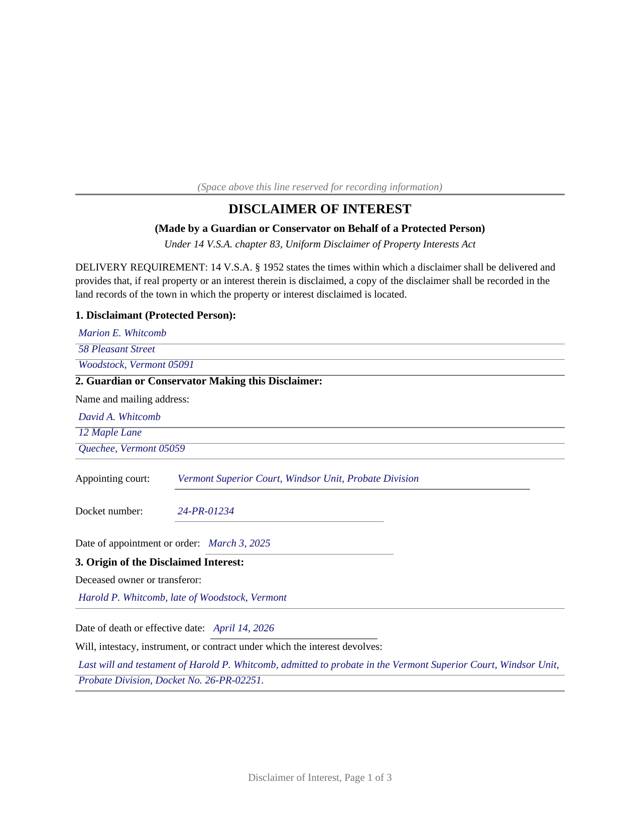 Essex County Completed Example of the Disclaimer of Interest (Guardian or Conservator) Document