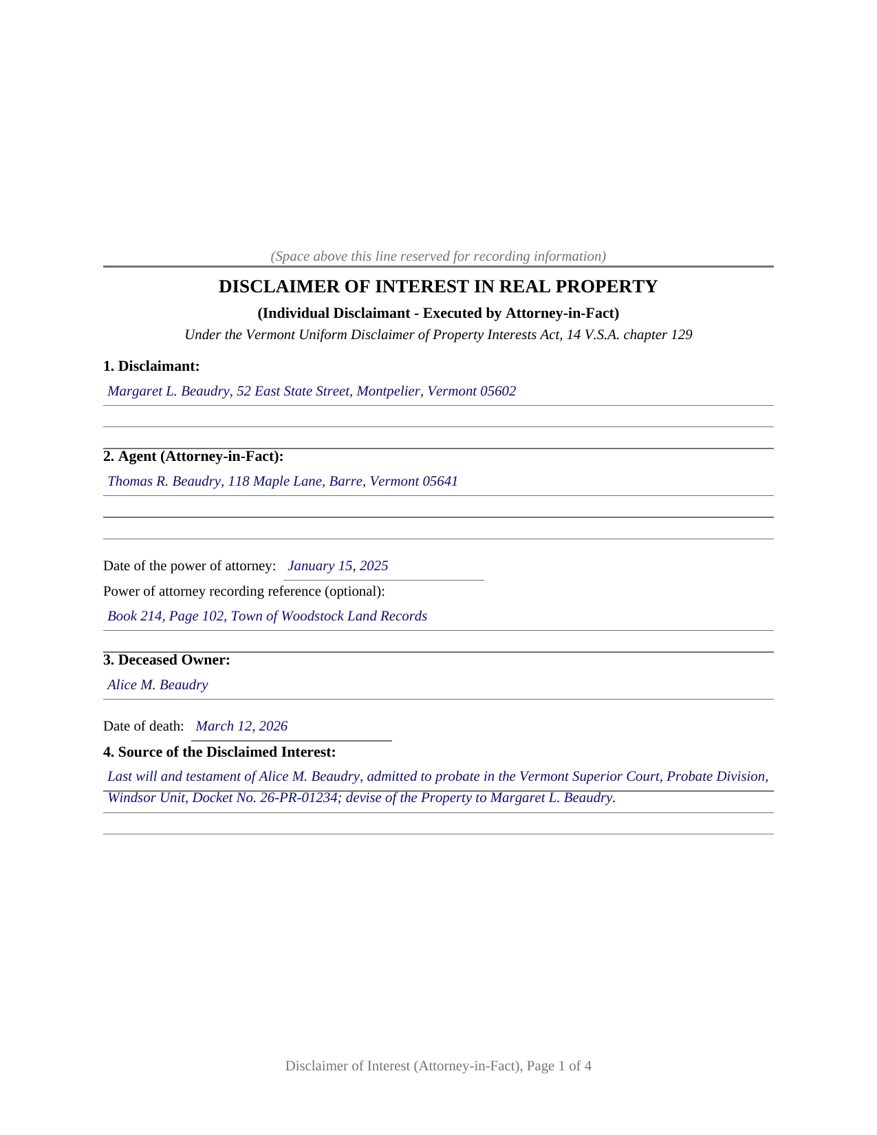 Essex County Completed Example of the Disclaimer of Interest (Individual - Executed by Attorney-in-Fact) Document