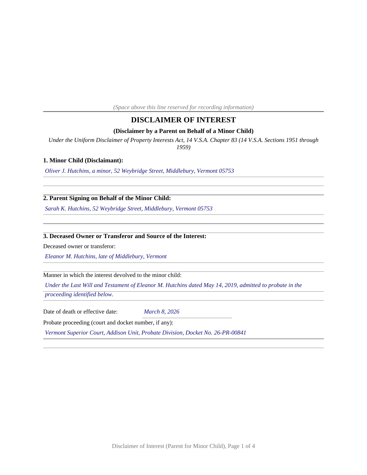 Essex County Completed Example of the Disclaimer of Interest (Parent for Minor Child) Document