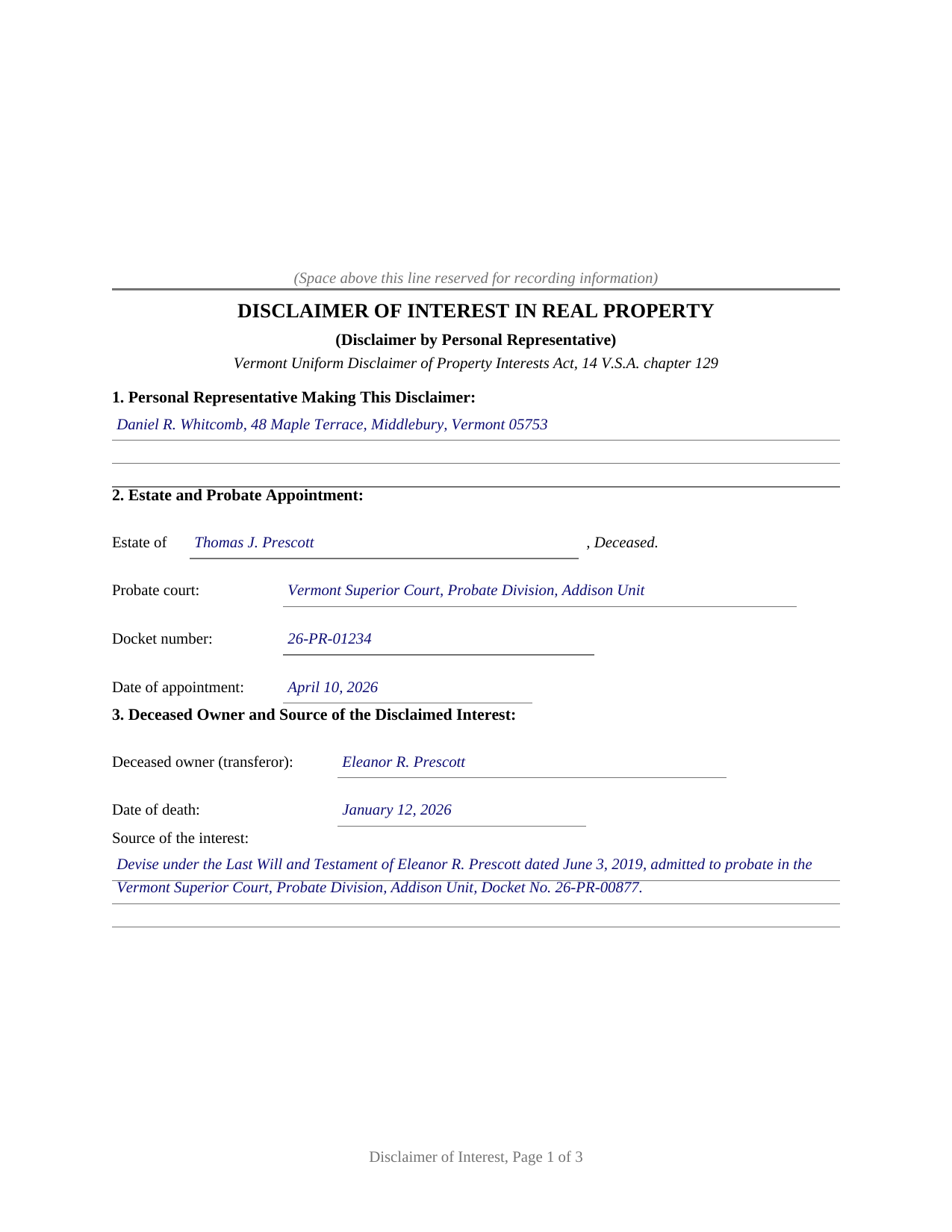 Essex County Completed Example of the Disclaimer of Interest (Personal Representative) Document