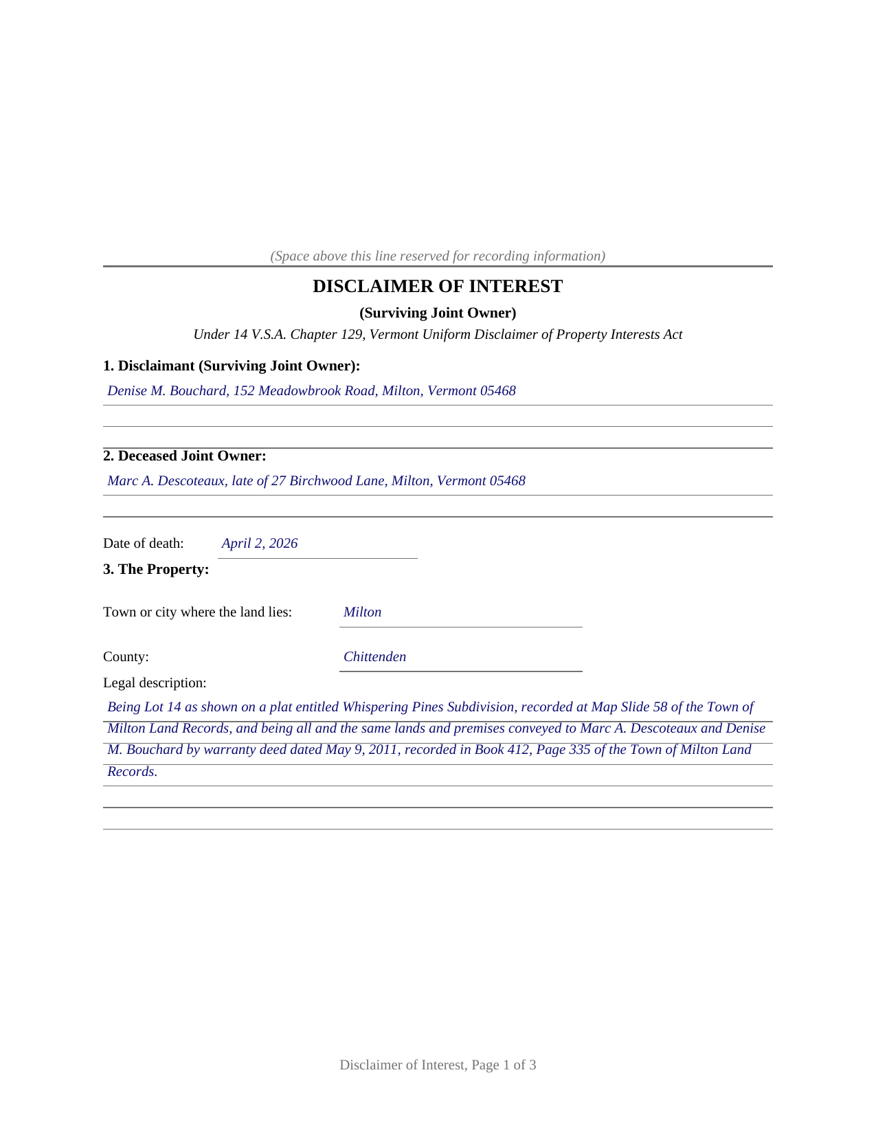 Essex County Completed Example of the Disclaimer of Interest (Surviving Joint Owner) Document