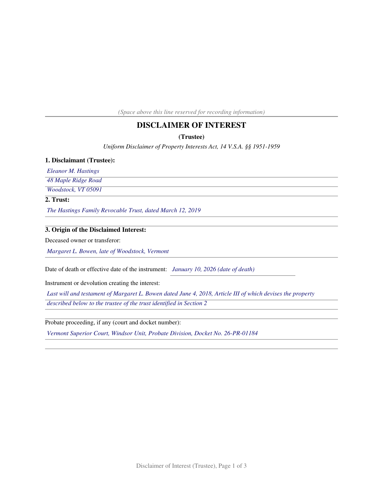 Essex County Completed Example of the Disclaimer of Interest (Trustee) Document
