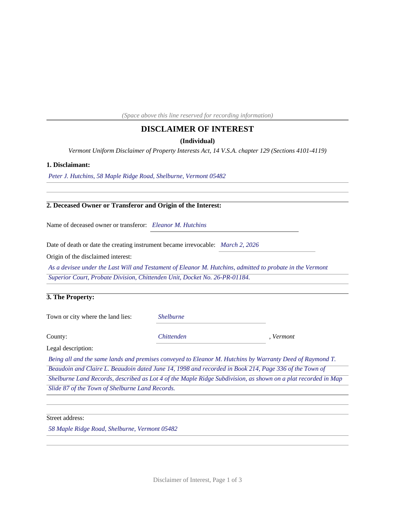 Orange County Completed Example of the Disclaimer of Interest Document