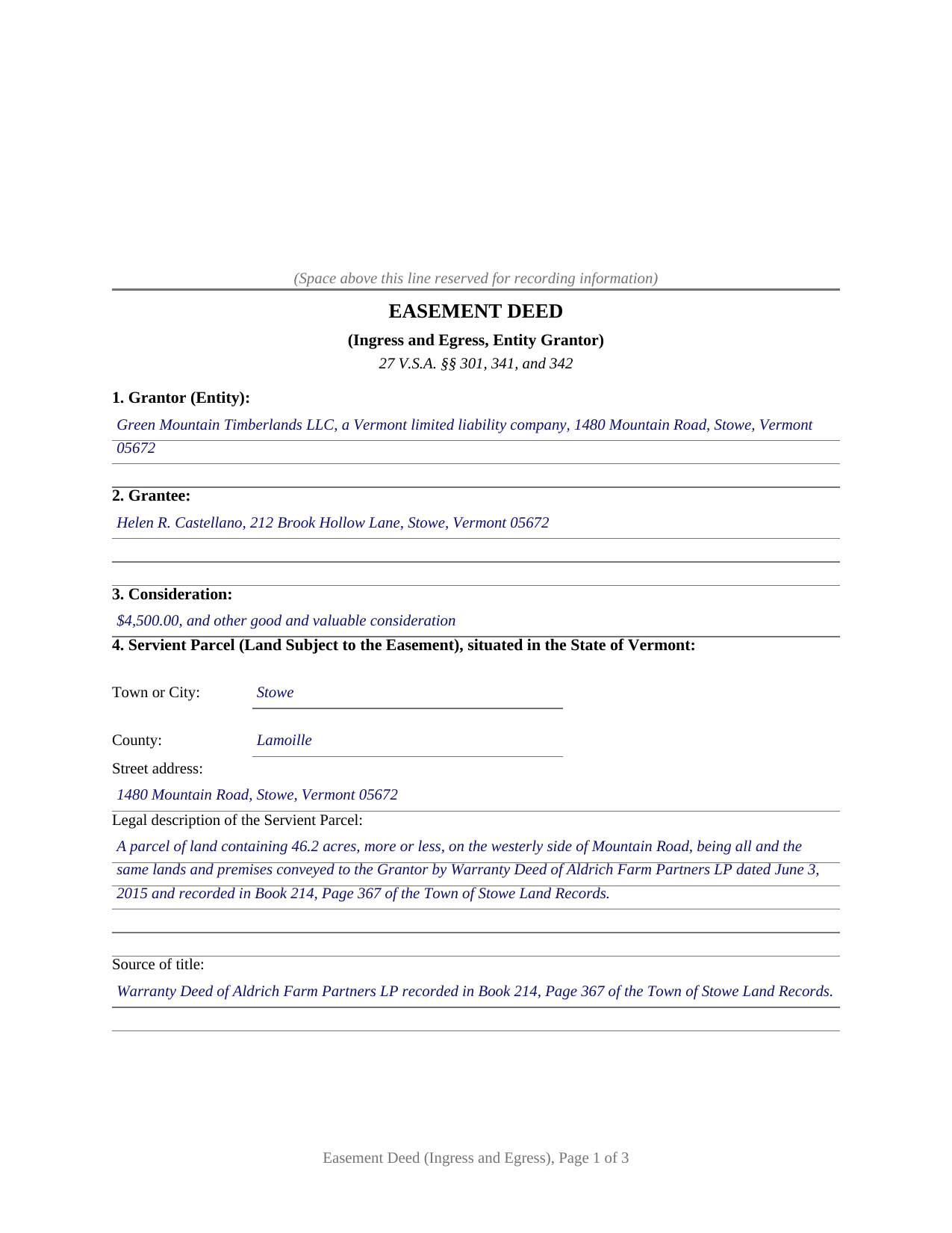 Essex County Completed Example of the Easement Deed (Ingress and Egress, Entity Grantor) Document