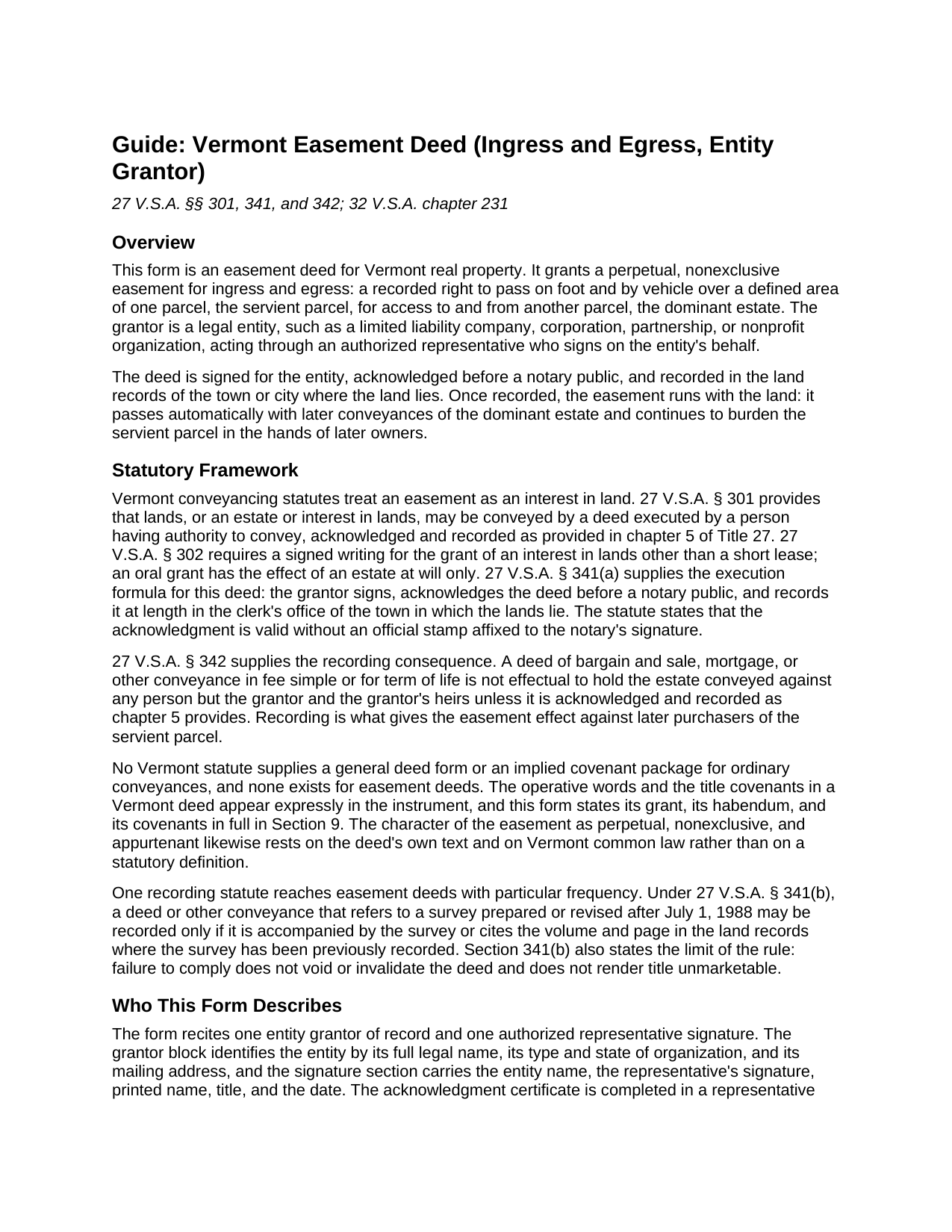 Essex County Easement Deed (Ingress and Egress, Entity Grantor) Guide