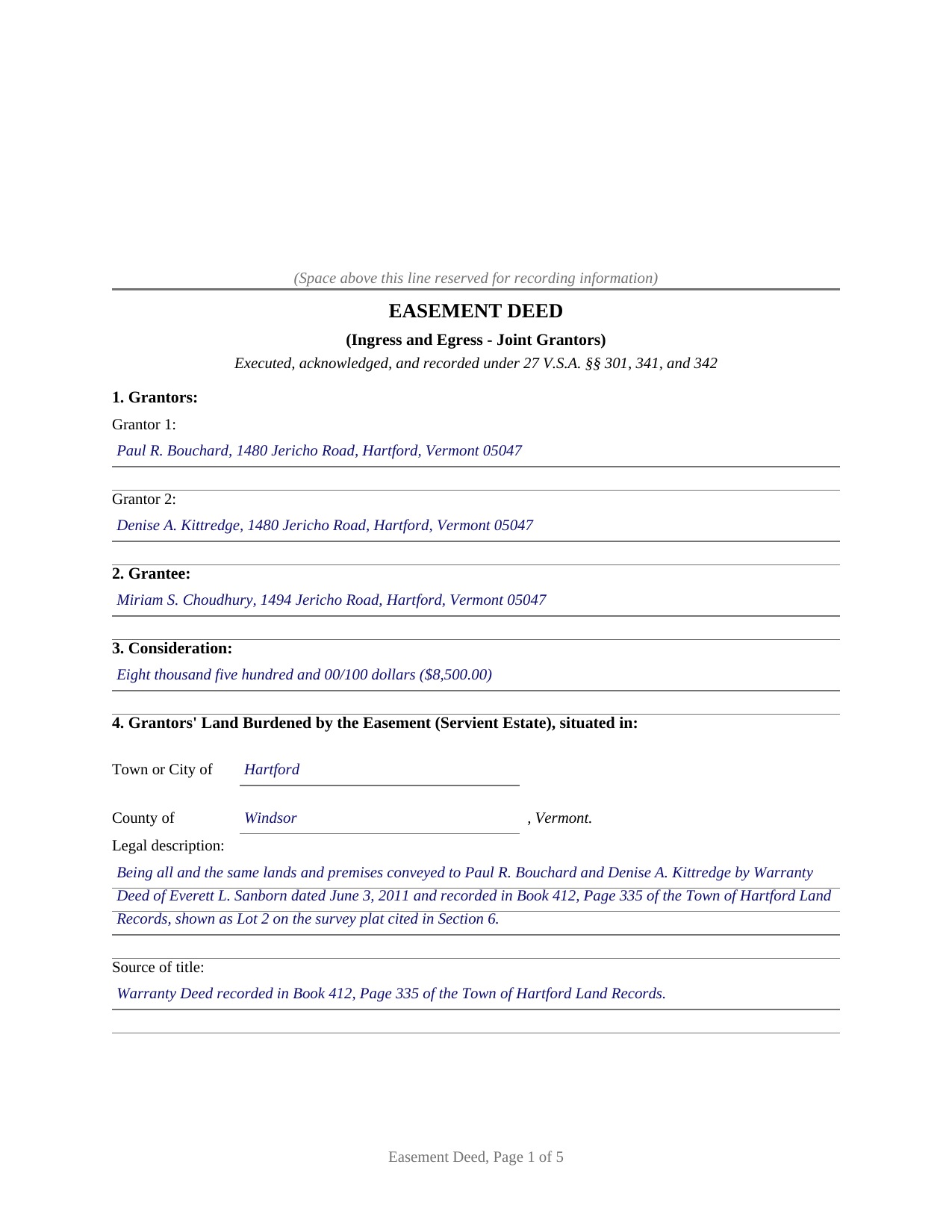 Essex County Completed Example of the Easement Deed (Ingress and Egress - Joint Grantors) Document