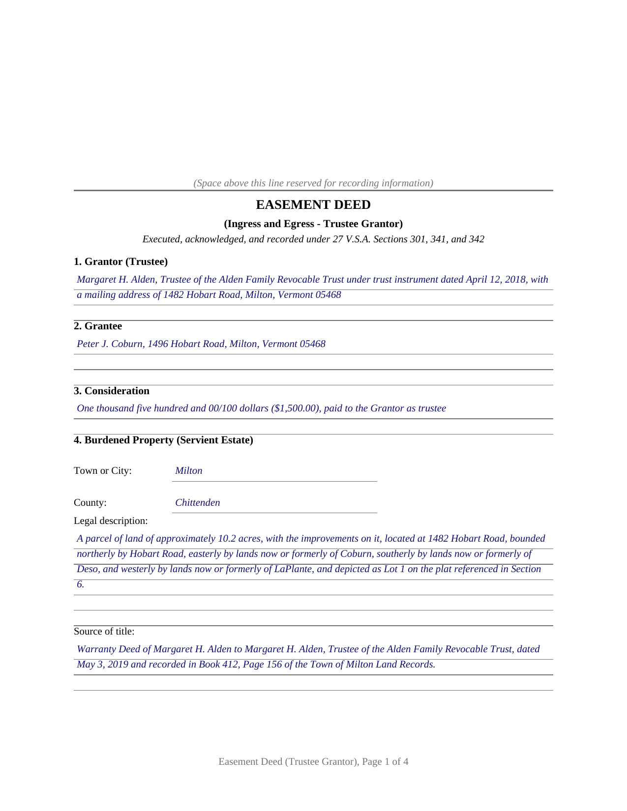 Essex County Completed Example of the Easement Deed (Ingress and Egress - Trustee Grantor) Document