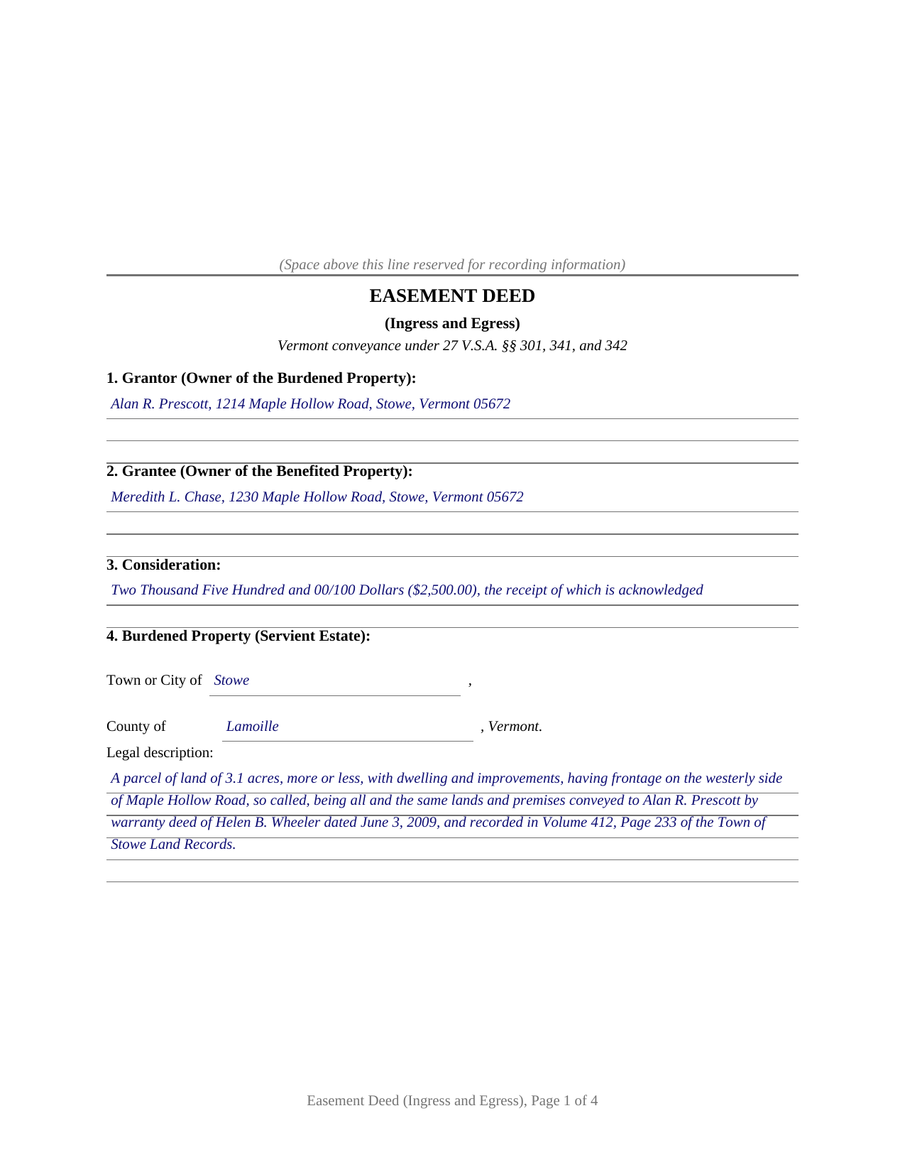 Essex County Completed Example of the Easement Deed (Ingress and Egress) Document