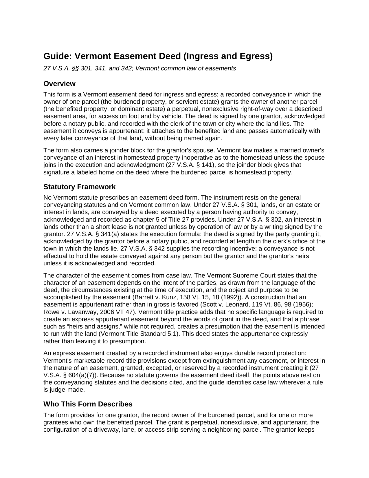 Essex County Easement Deed (Ingress and Egress) Guide