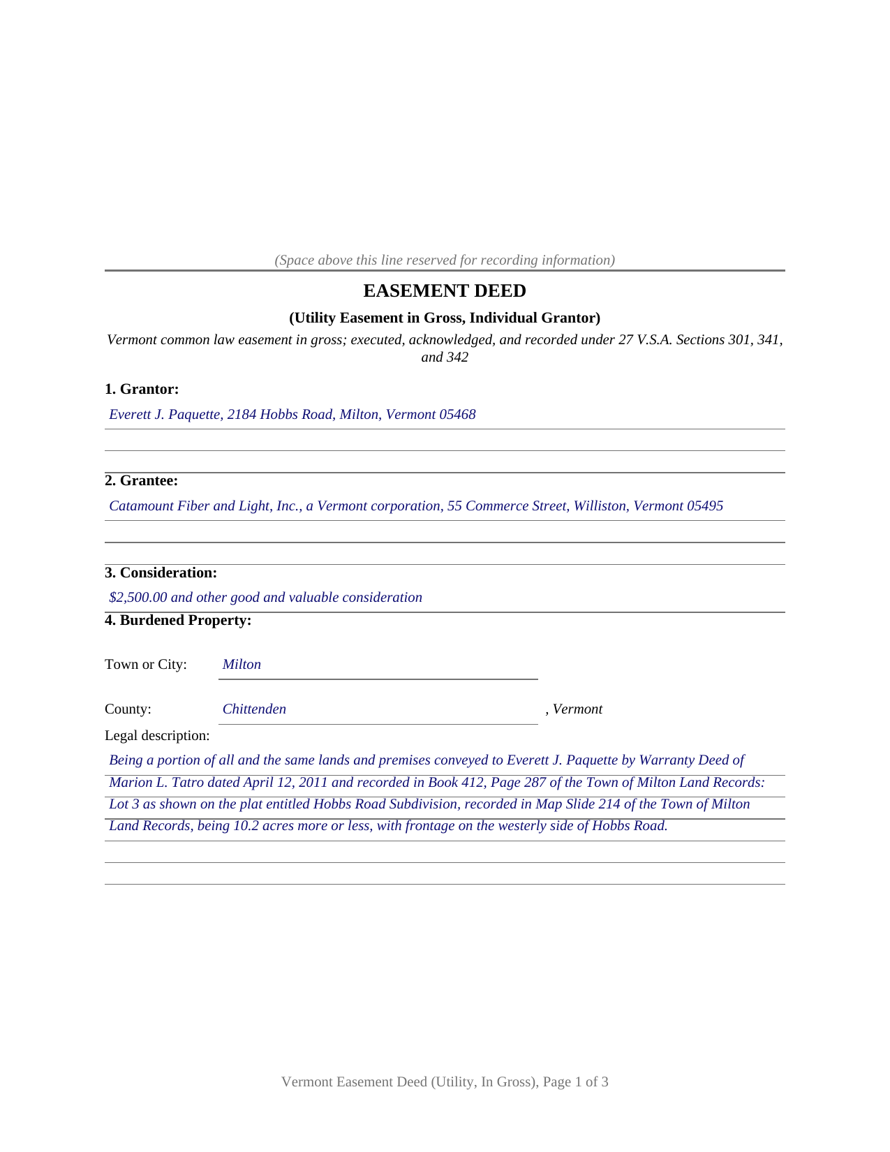 Essex County Completed Example of the Easement Deed (Utility - In Gross - Individual Grantor) Document