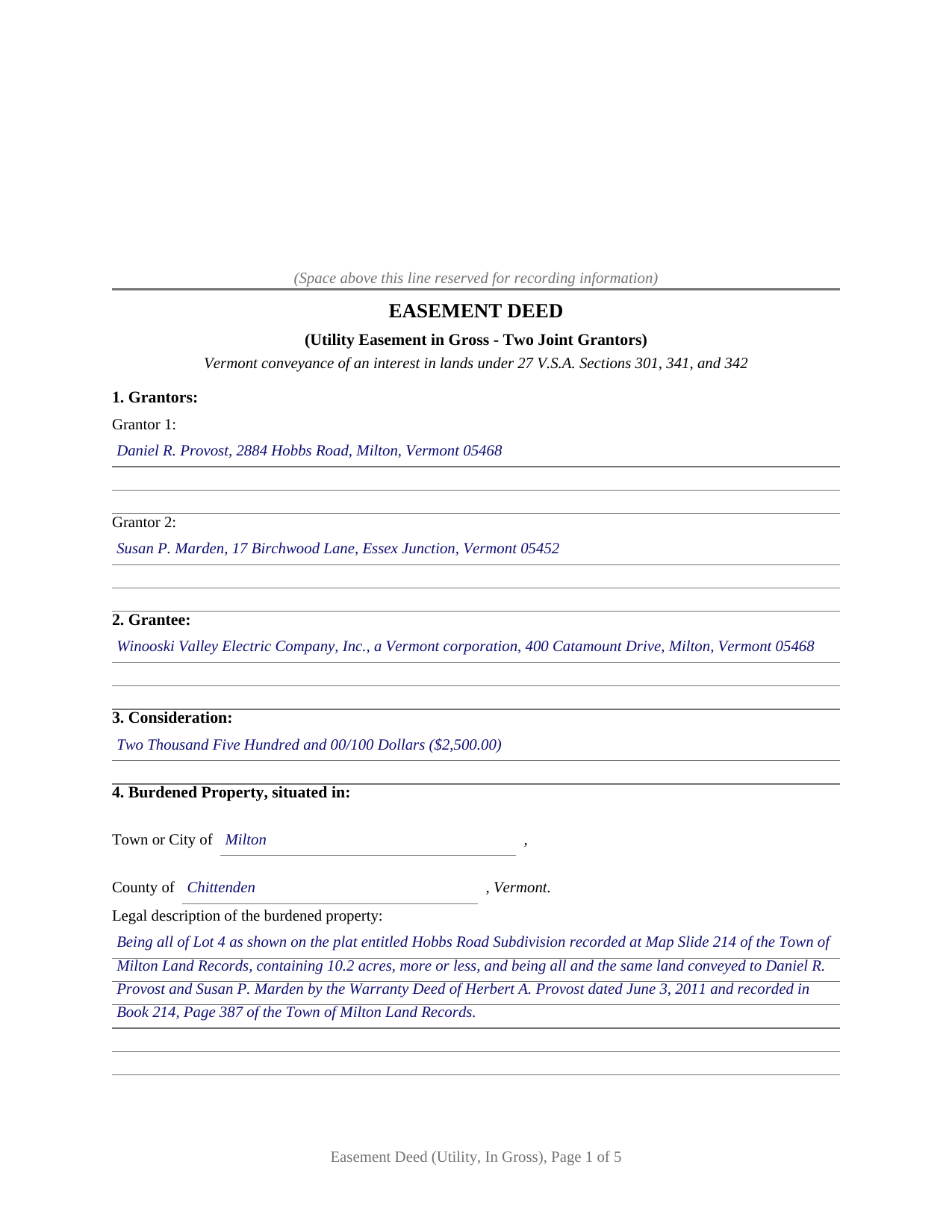 Essex County Completed Example of the Easement Deed (Utility, In Gross, Joint Grantors) Document
