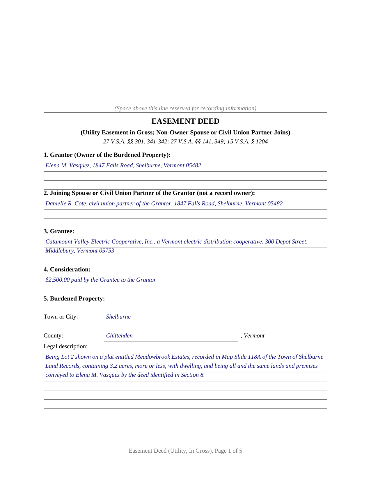 Essex County Completed Example of the Easement Deed (Utility, In Gross, Non-Owner Spouse or Civil Union Partner Joins) Document