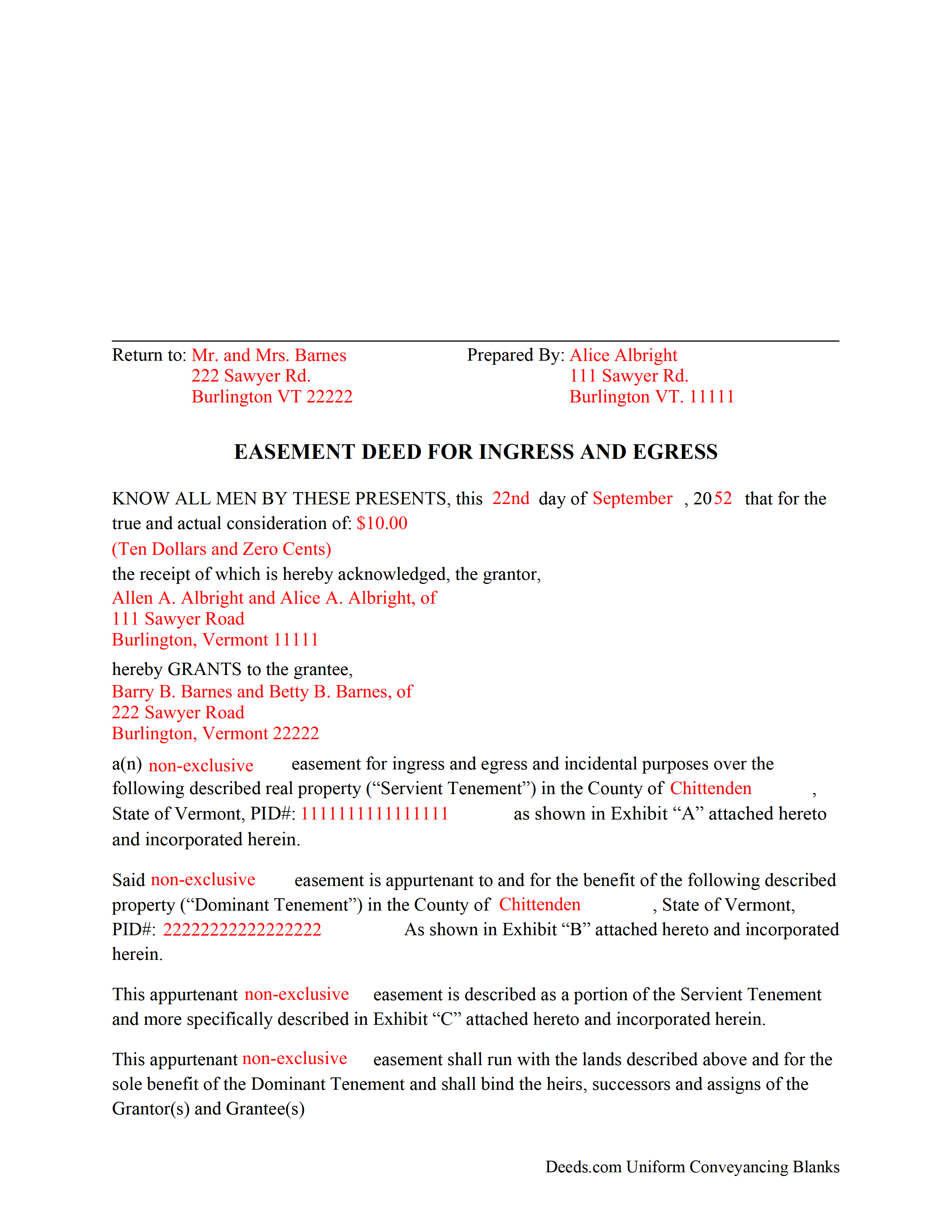 Addison County Completed Example of the Easement Deed Document