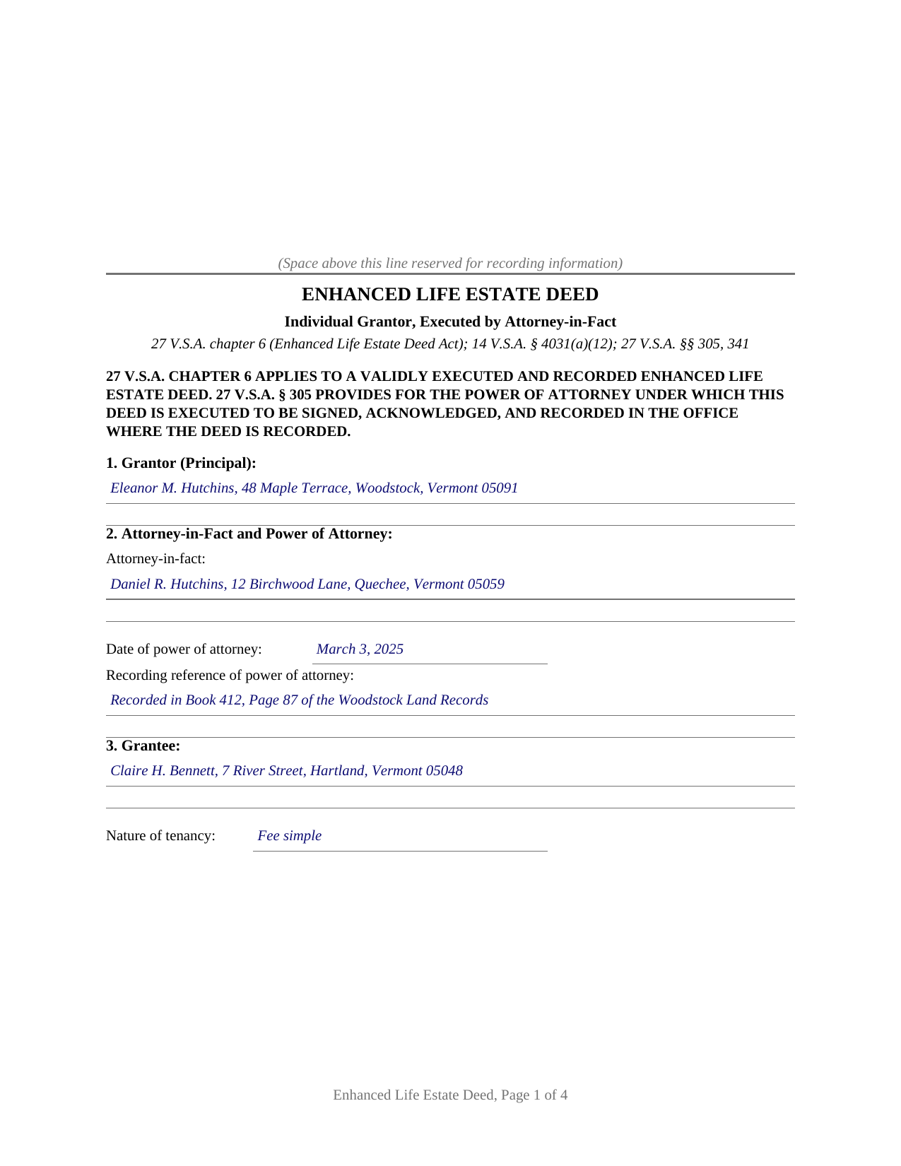 Essex County Completed Example of the Enhanced Life Estate Deed (Individual, Executed by Attorney-in-Fact) Document