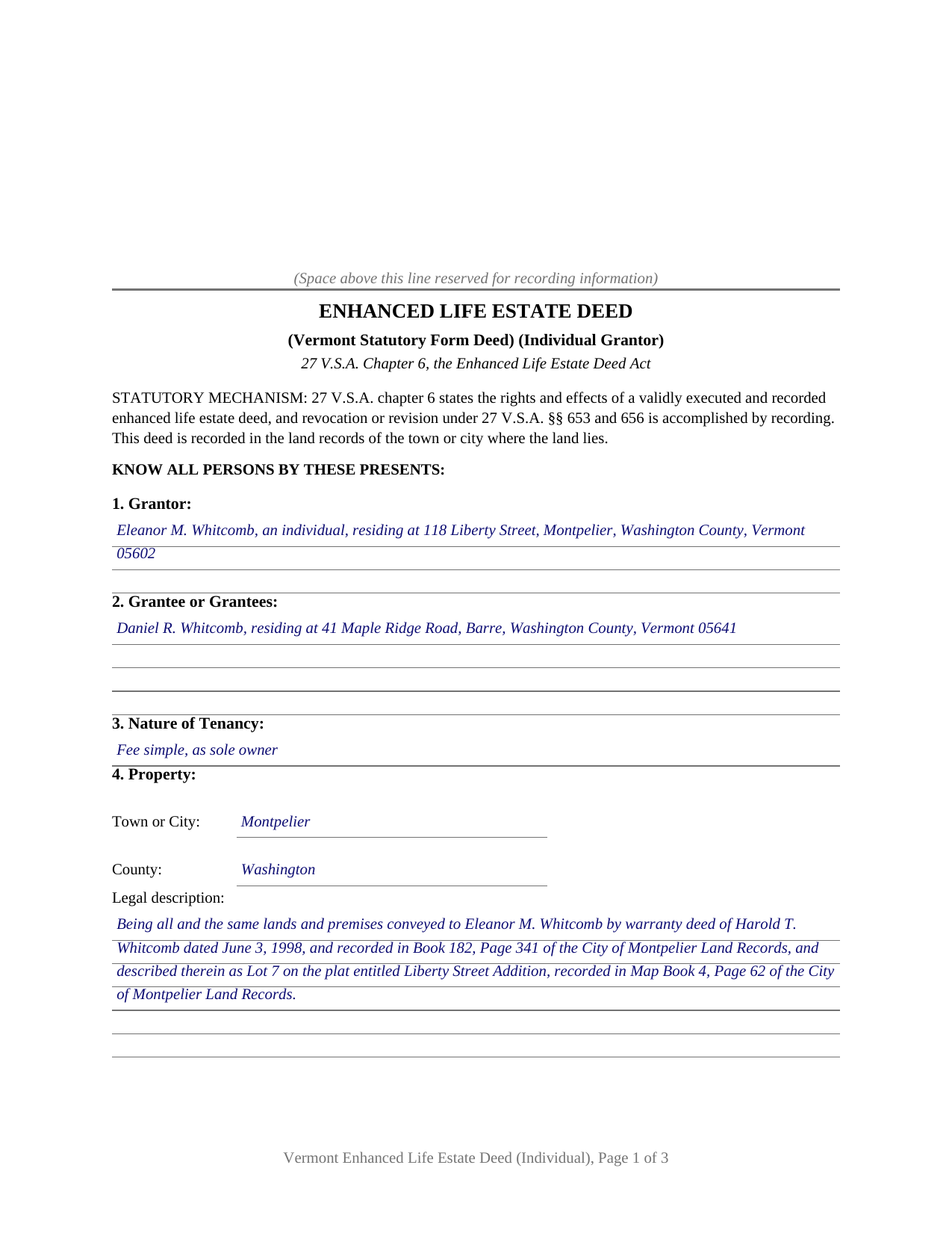 Essex County Completed Example of the Enhanced Life Estate Deed (Individual) Document