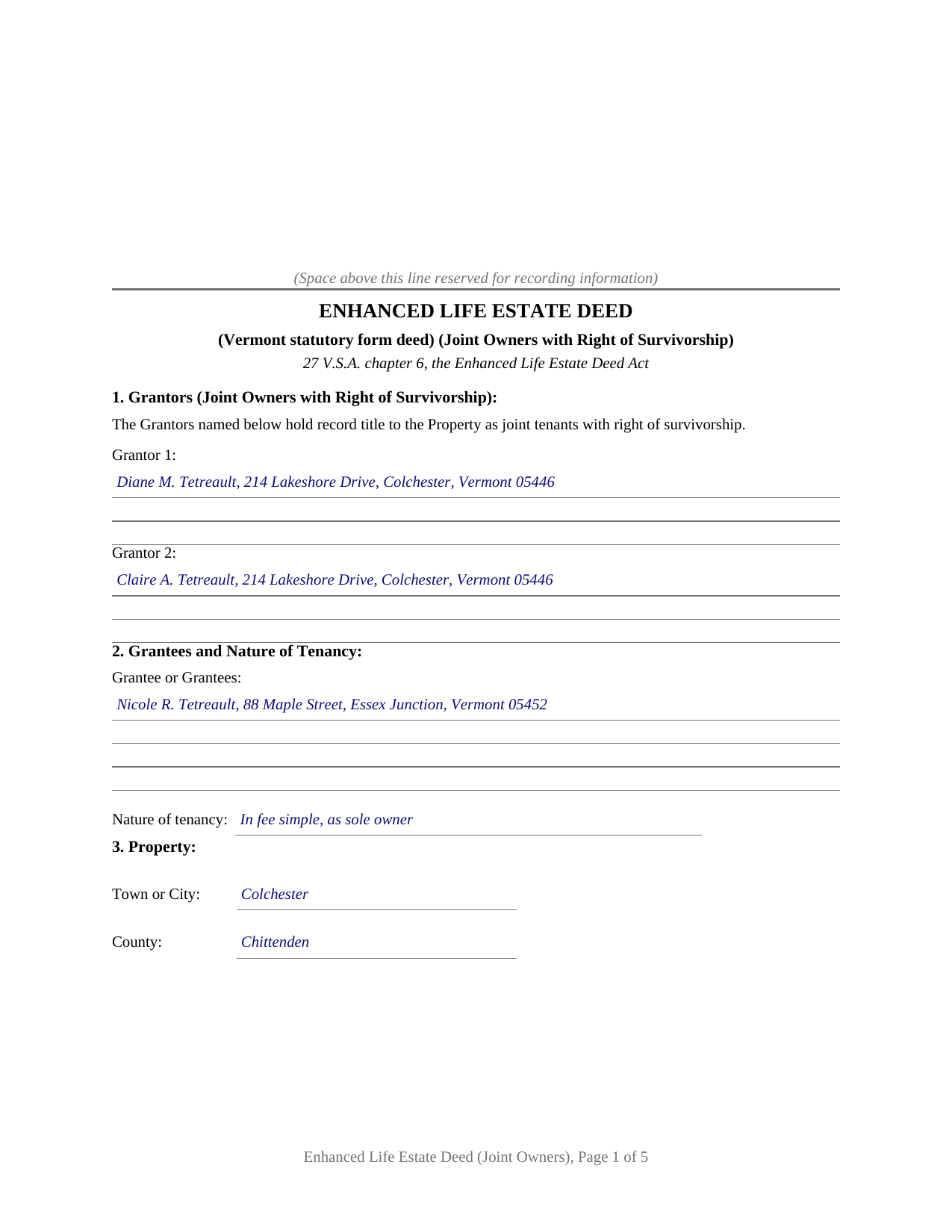 Essex County Completed Example of the Enhanced Life Estate Deed (Joint Owners with Right of Survivorship) Document