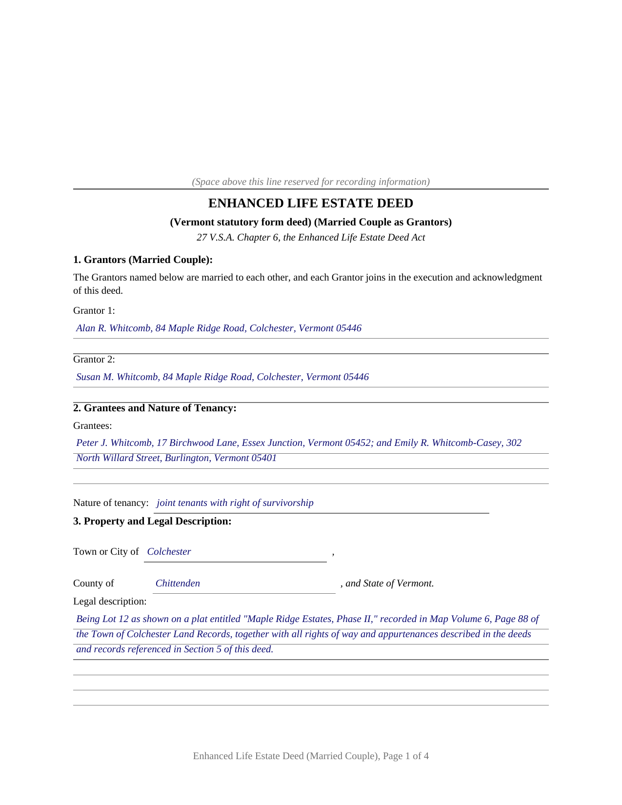 Essex County Completed Example of the Enhanced Life Estate Deed (Married Couple as Grantors) Document
