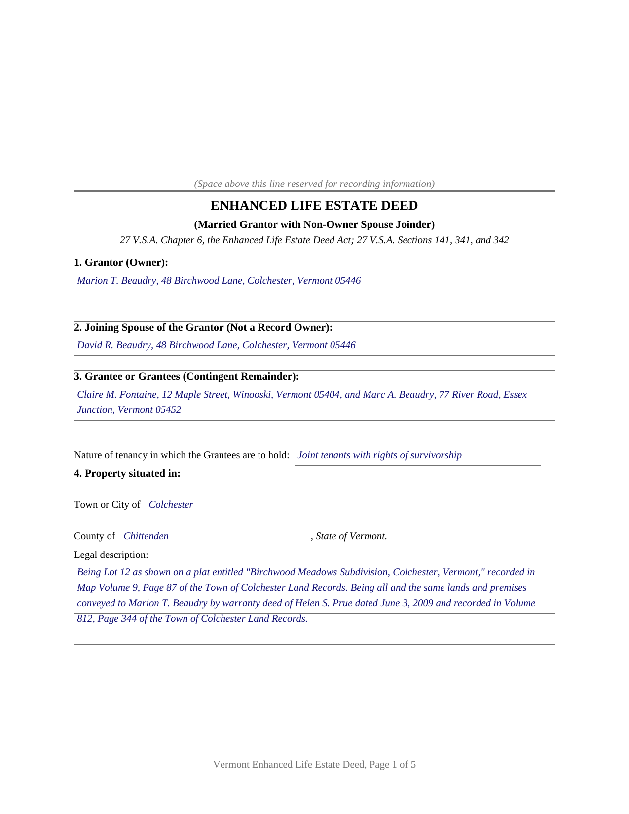 Essex County Completed Example of the Enhanced Life Estate Deed (Married Grantor with Non-Owner Spouse Joinder) Document