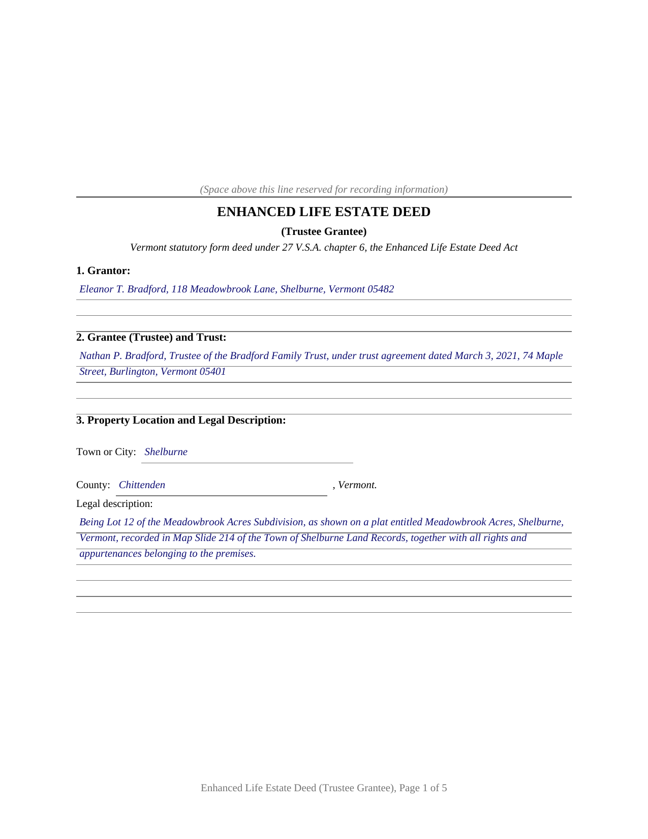 Essex County Completed Example of the Enhanced Life Estate Deed (Trustee Grantee) Document