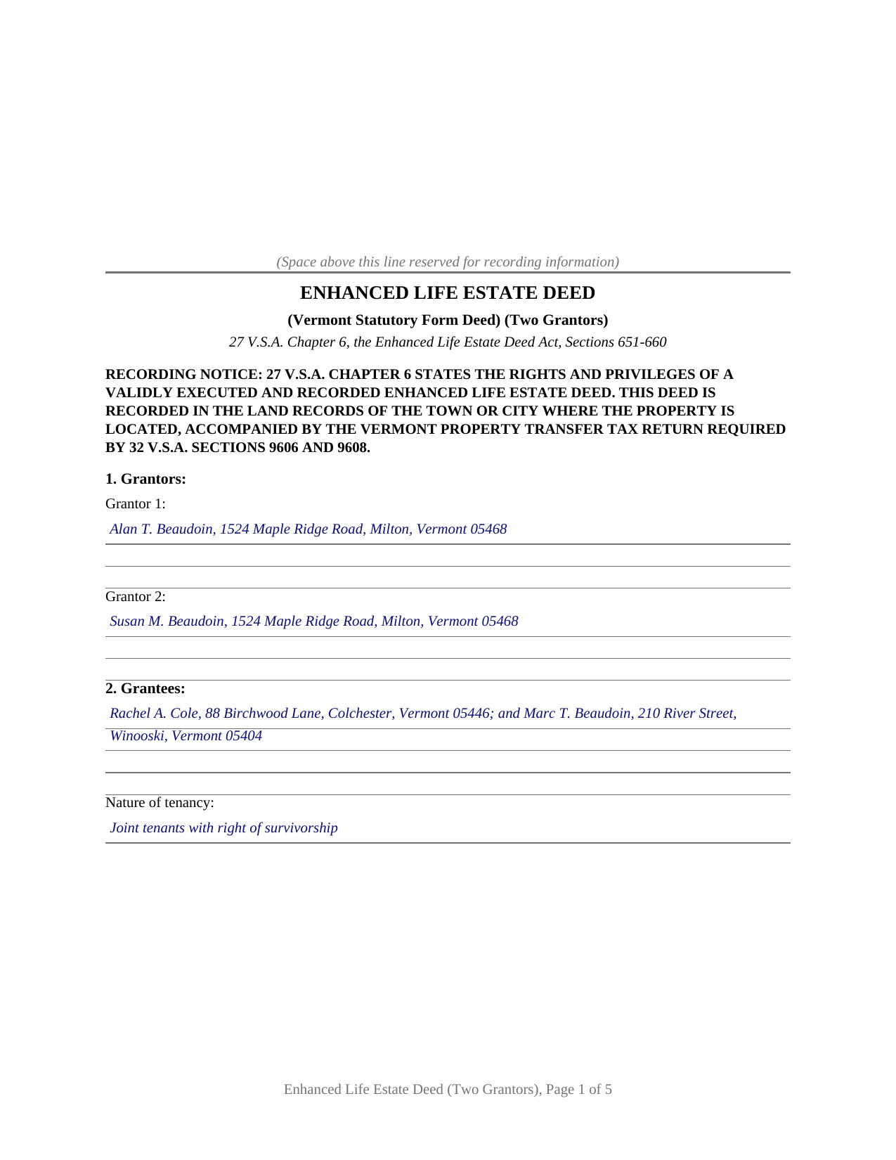 Essex County Completed Example of the Enhanced Life Estate Deed (Two Grantors) Document