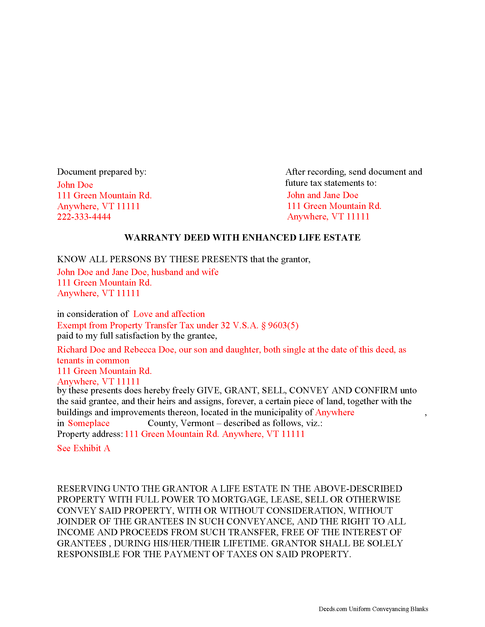 Washington County Completed Example of the Warranty Deed with Enhanced Life Estate Document