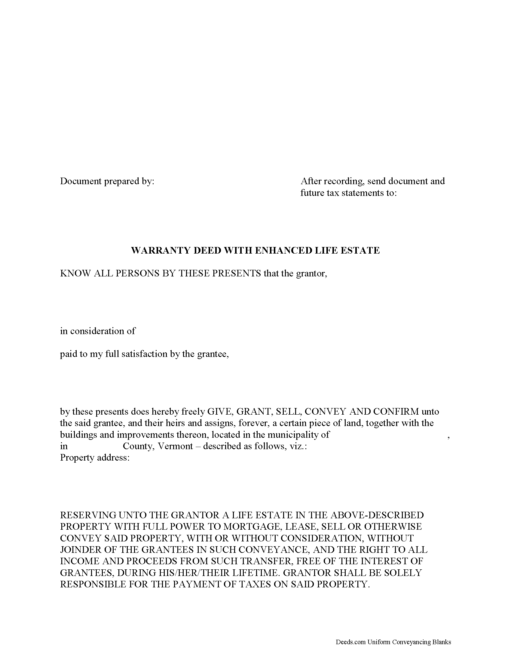 Washington County Enhanced Life Estate Warranty Deed Form