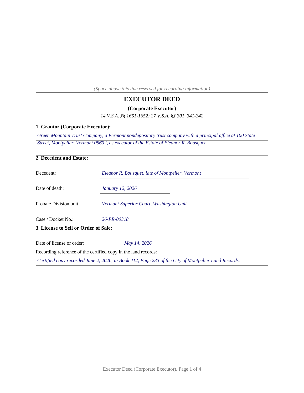 Essex County Completed Example of the Executor Deed (Corporate Executor) Document