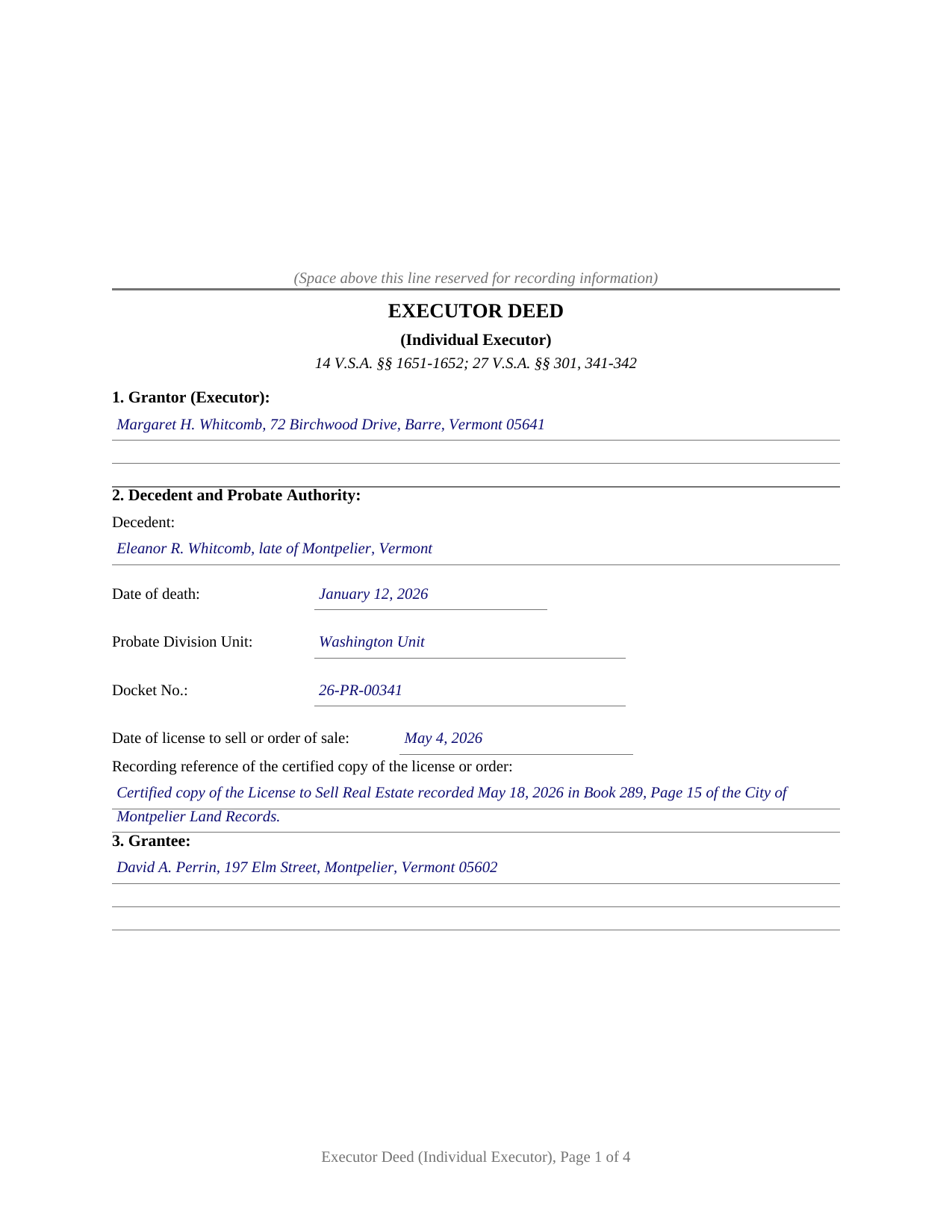 Essex County Completed Example of the Executor Deed (Individual Executor) Document