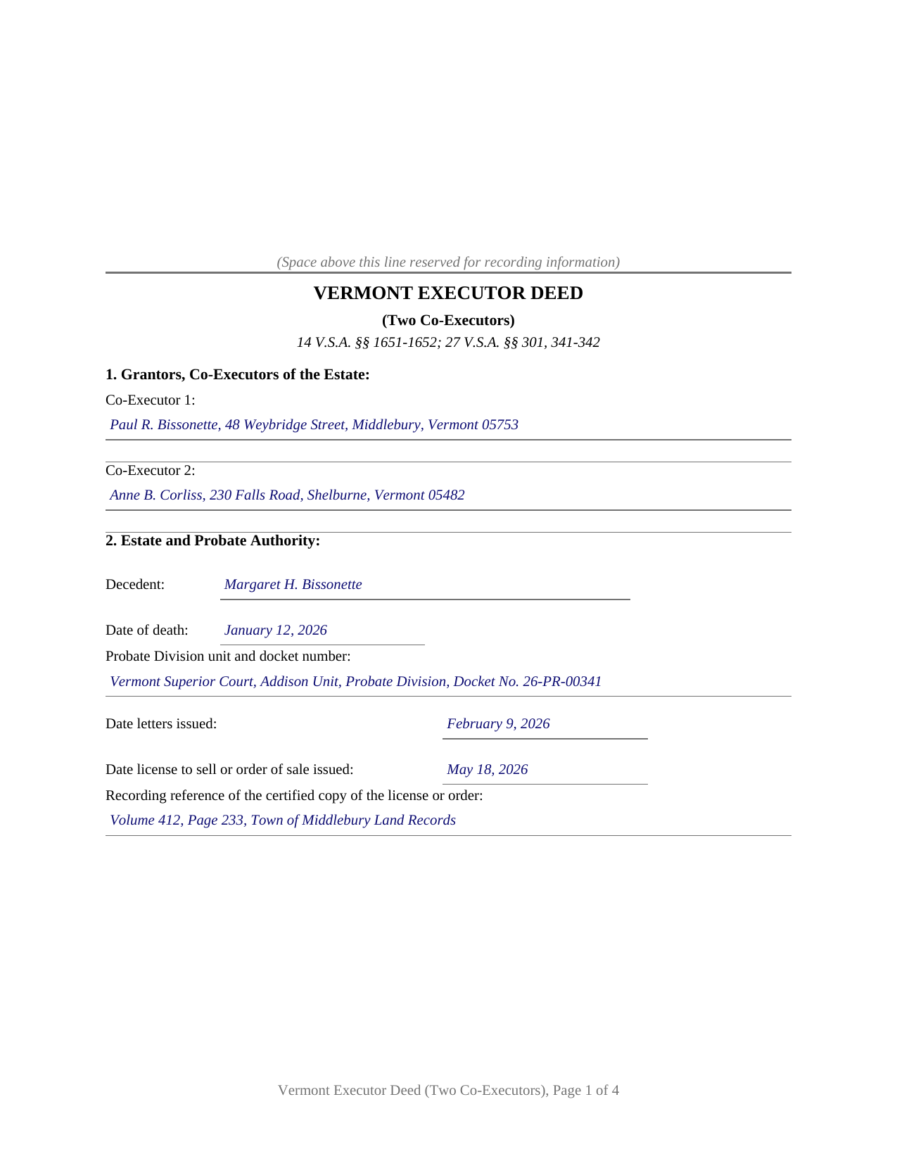 Essex County Completed Example of the Executor Deed (Two Co-Executors) Document