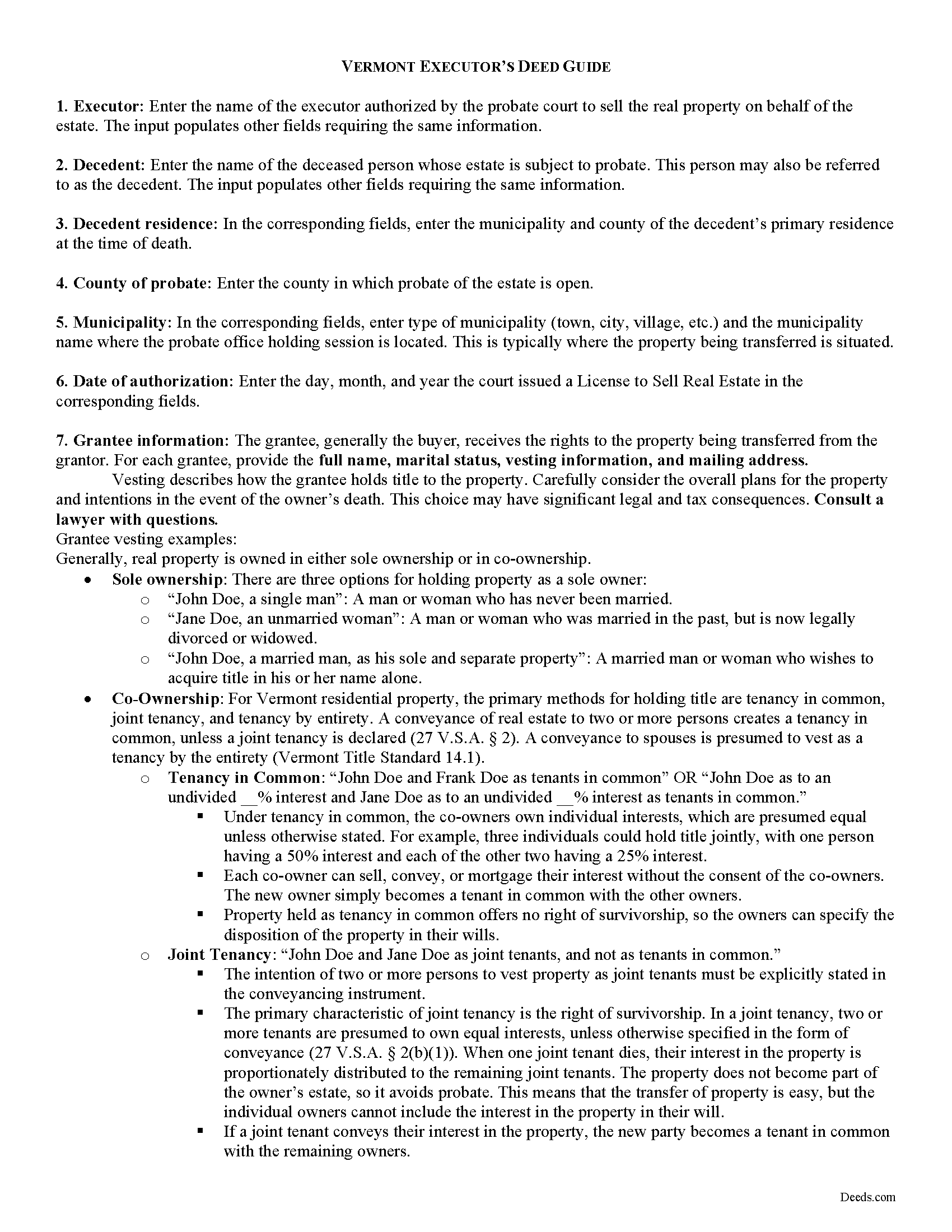 Addison County Executor Deed Guide