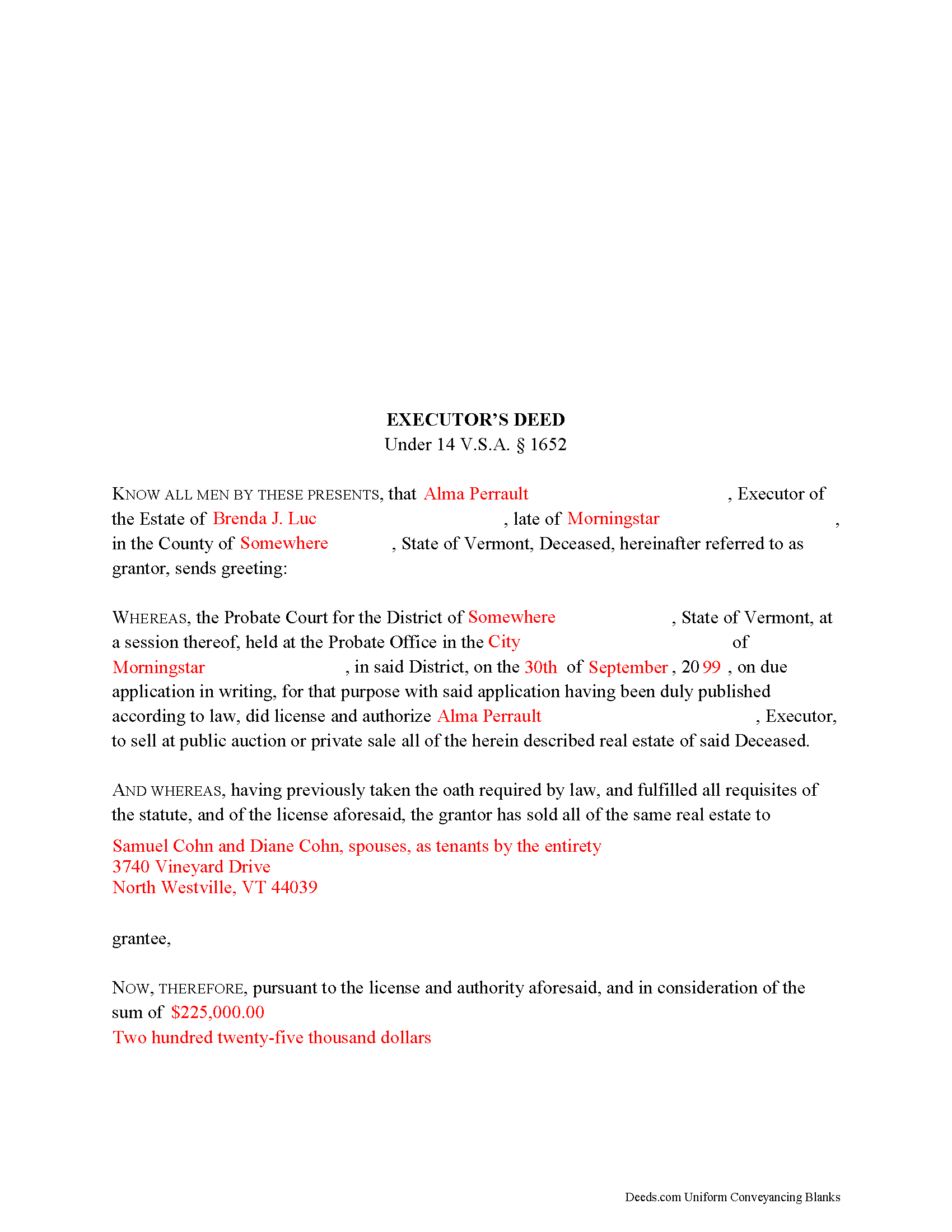 Addison County Completed Example of the Executor Deed Document