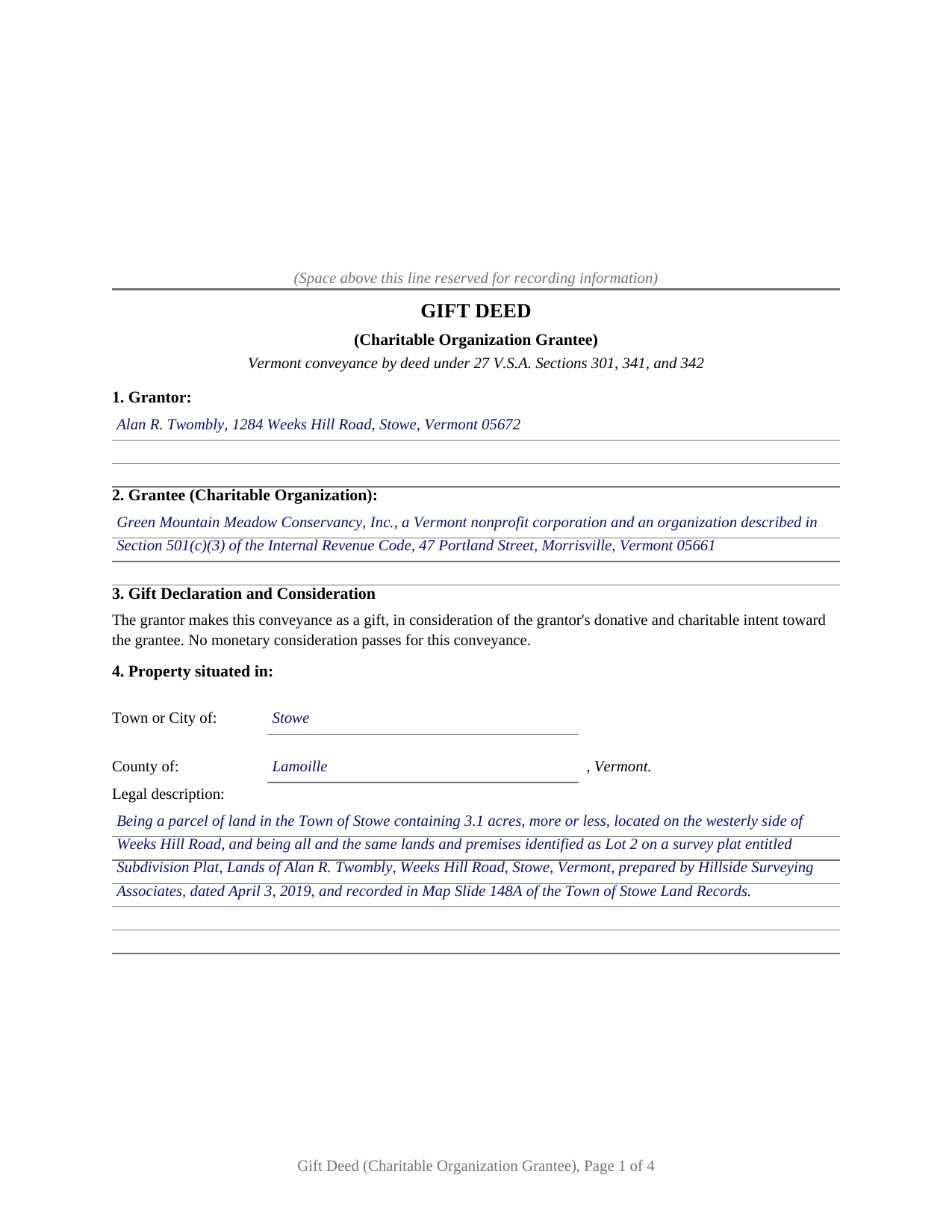 Caledonia County Completed Example of the Gift Deed (Charitable Organization Grantee) Document
