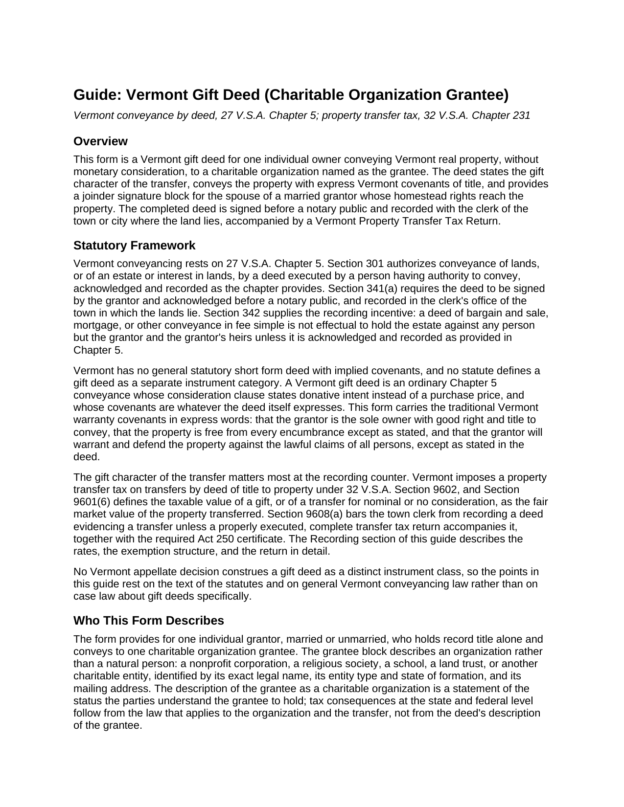 Caledonia County Gift Deed (Charitable Organization Grantee) Guide