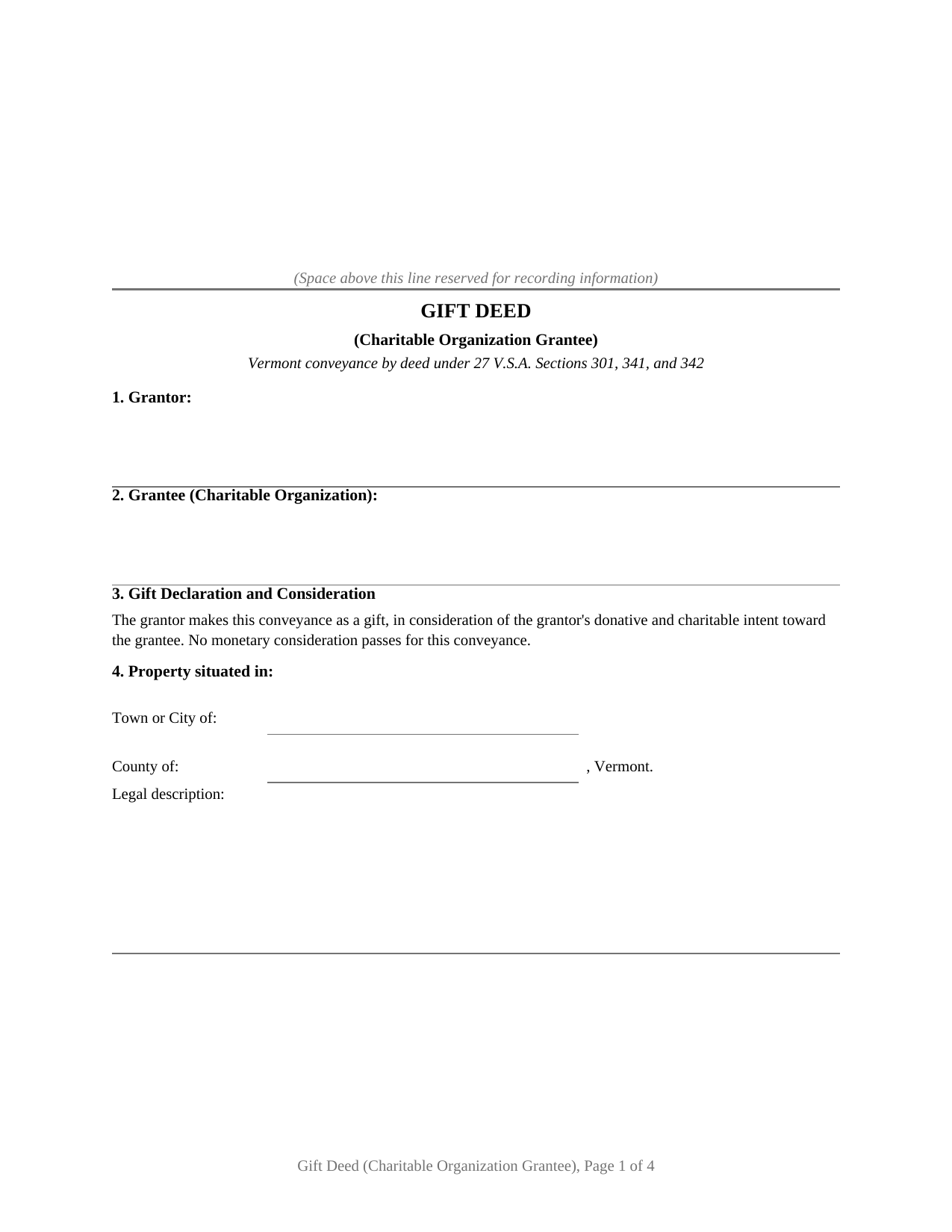 Caledonia County Gift Deed (Charitable Organization Grantee) Form