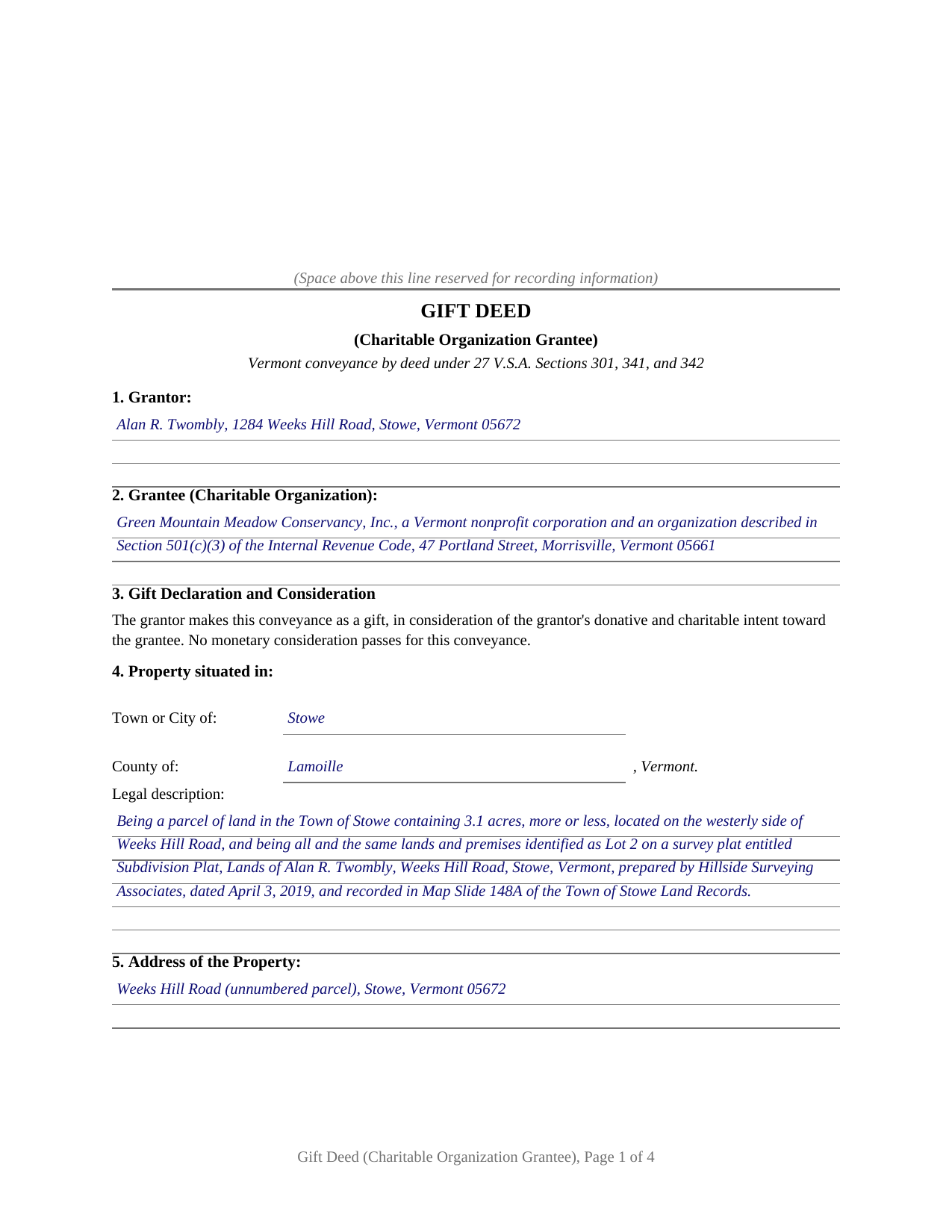 Orange County Completed Example of the Gift Deed (Charitable Organization Grantee) Document