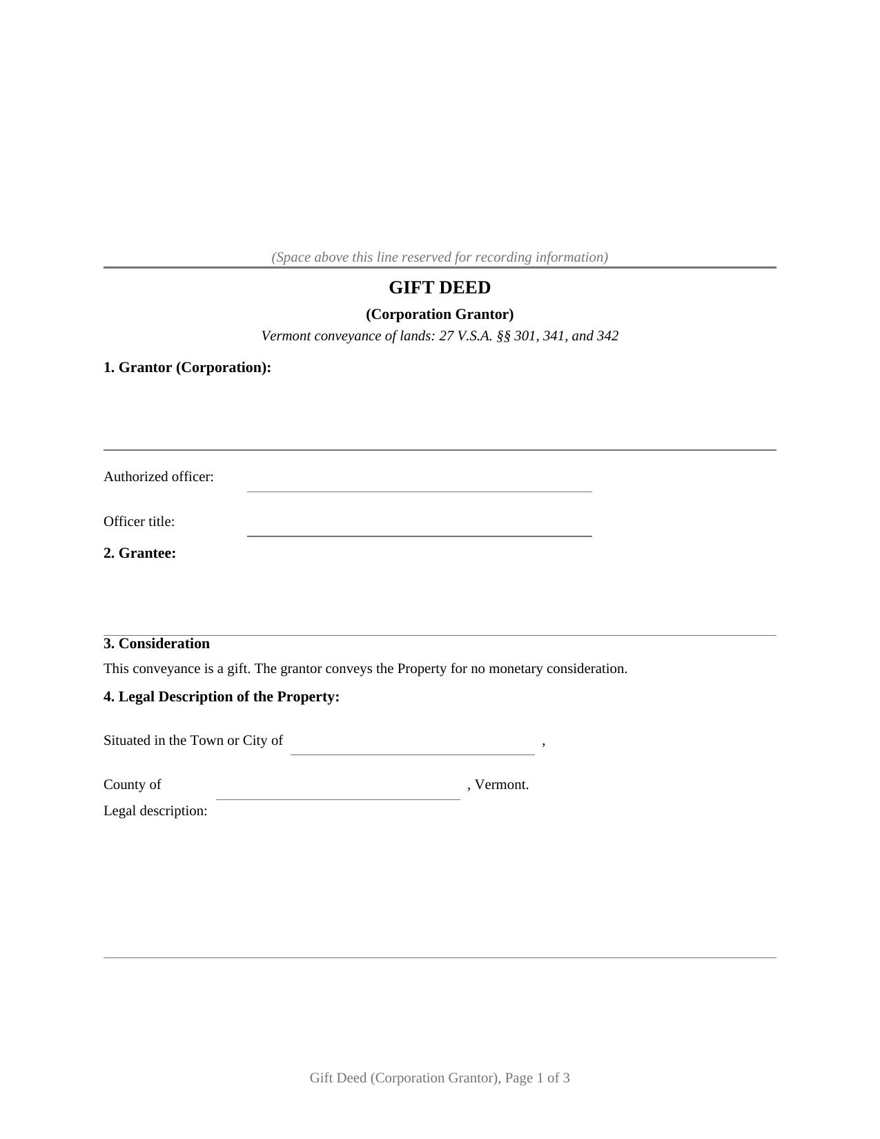 Caledonia County Gift Deed (Corporation Grantor) Form
