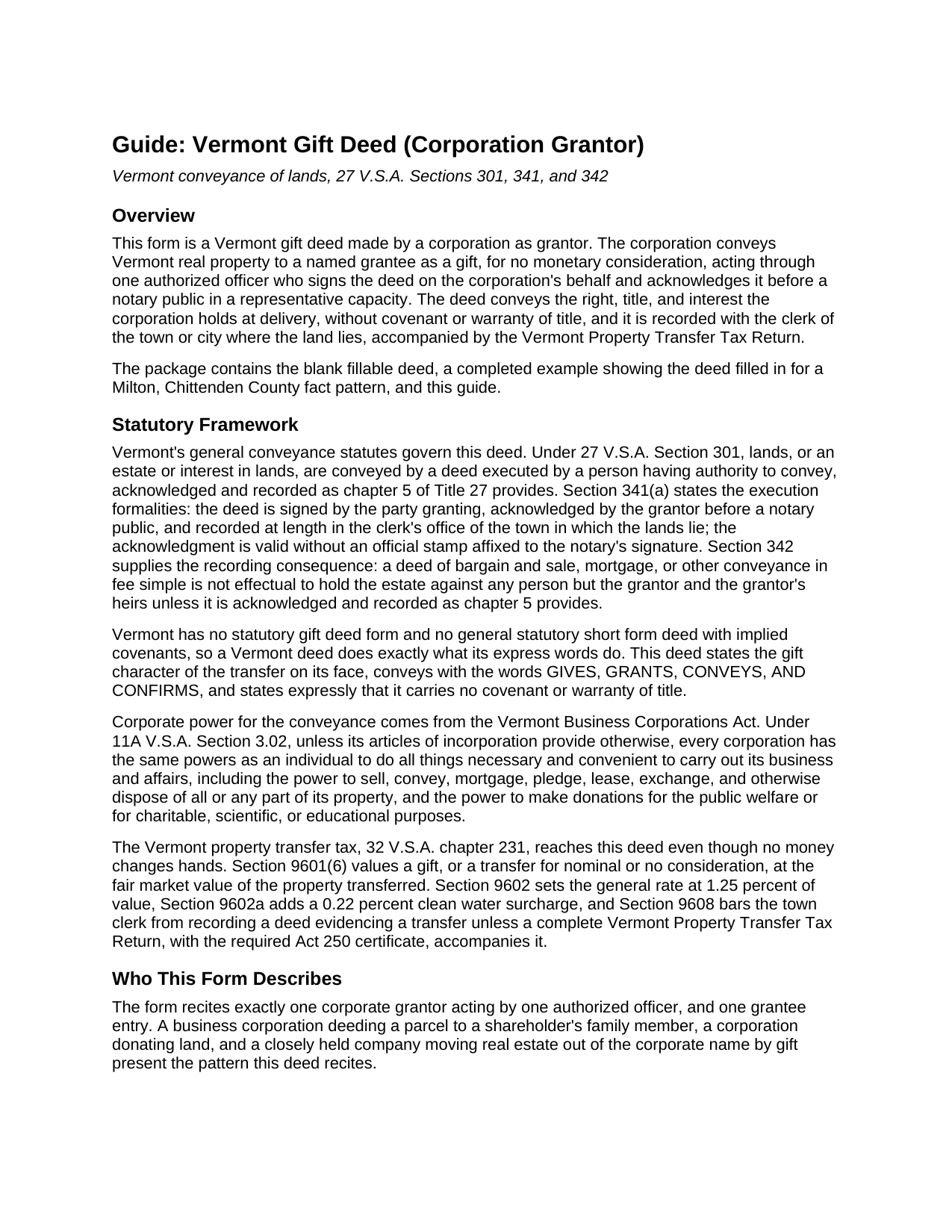 Lamoille County Gift Deed (Corporation Grantor) Guide