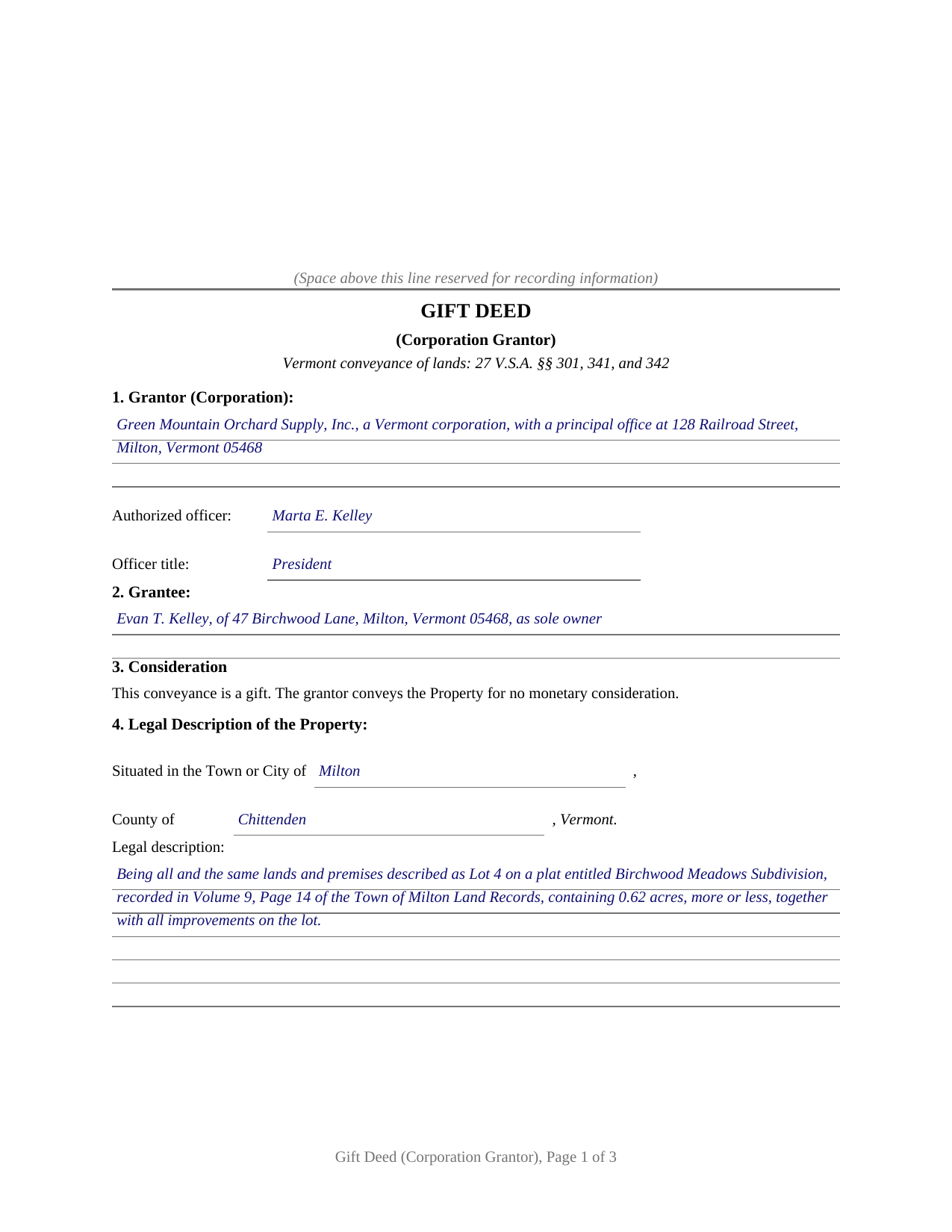Lamoille County Completed Example of the Gift Deed (Corporation Grantor) Document