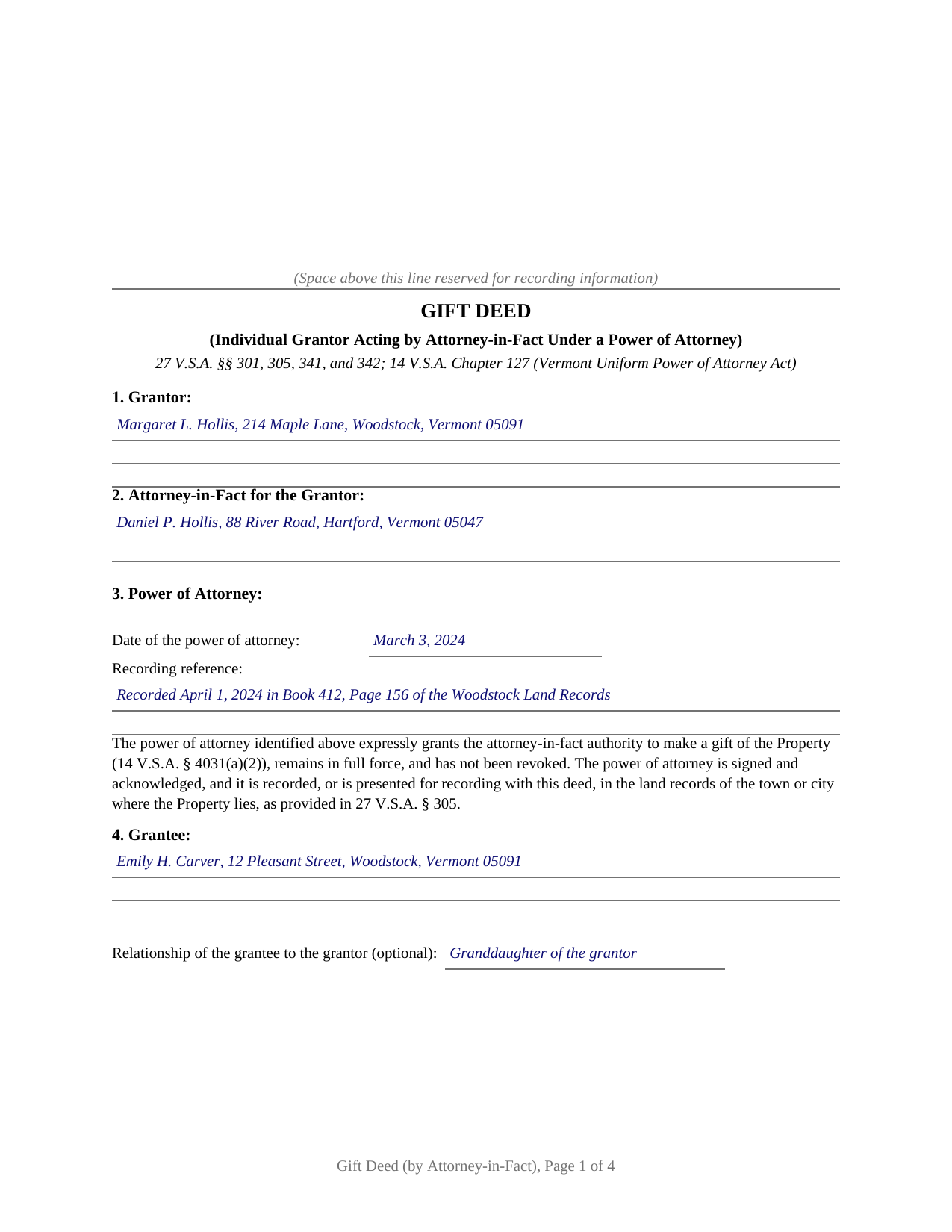 Caledonia County Completed Example of the Gift Deed (Individual Grantor by Attorney-in-Fact - POA) Document