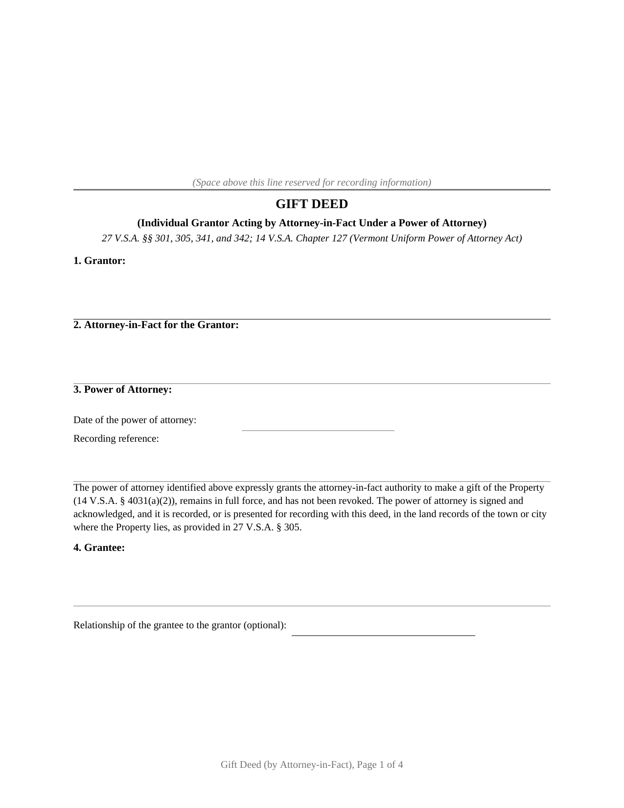 Caledonia County Gift Deed (Individual Grantor by Attorney-in-Fact - POA) Form