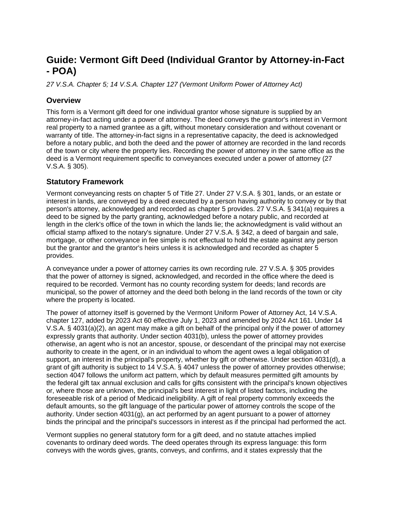 Caledonia County Gift Deed (Individual Grantor by Attorney-in-Fact - POA) Guide