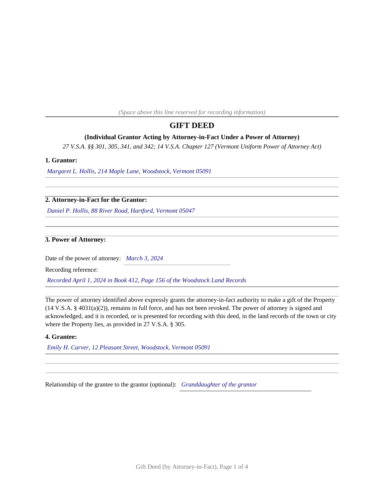 Washington County Completed Example of the Gift Deed (Individual Grantor by Attorney-in-Fact - POA) Document