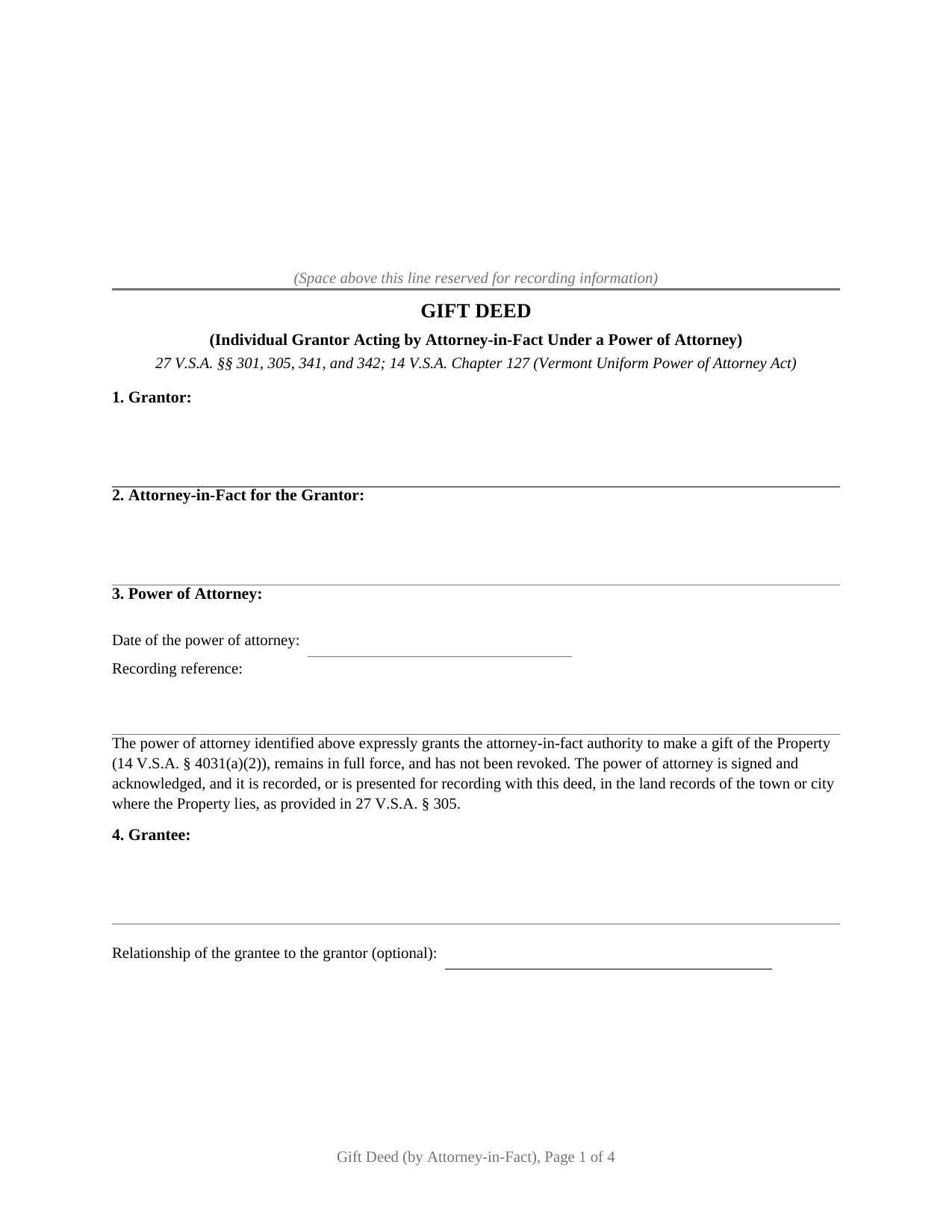 Washington County Gift Deed (Individual Grantor by Attorney-in-Fact - POA) Form
