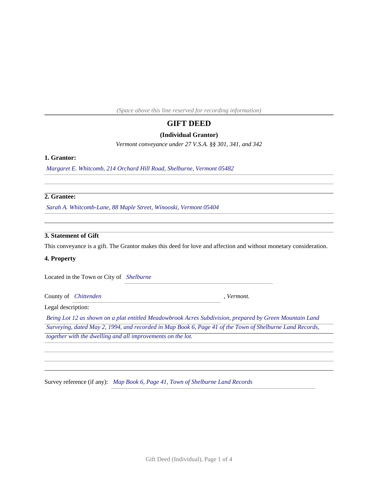 Essex County Completed Example of the Gift Deed (Individual) Document