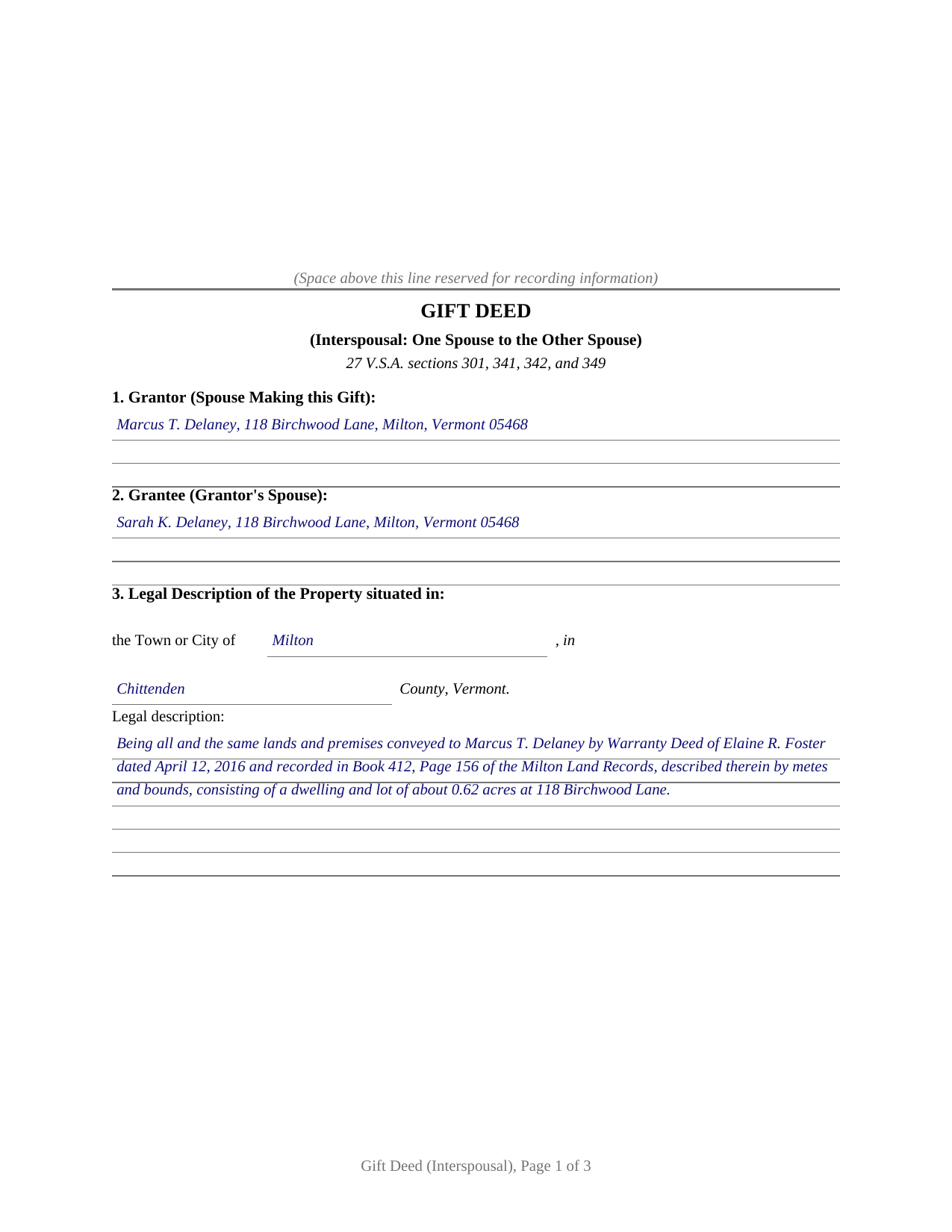 Caledonia County Completed Example of the Gift Deed (Interspousal) Document