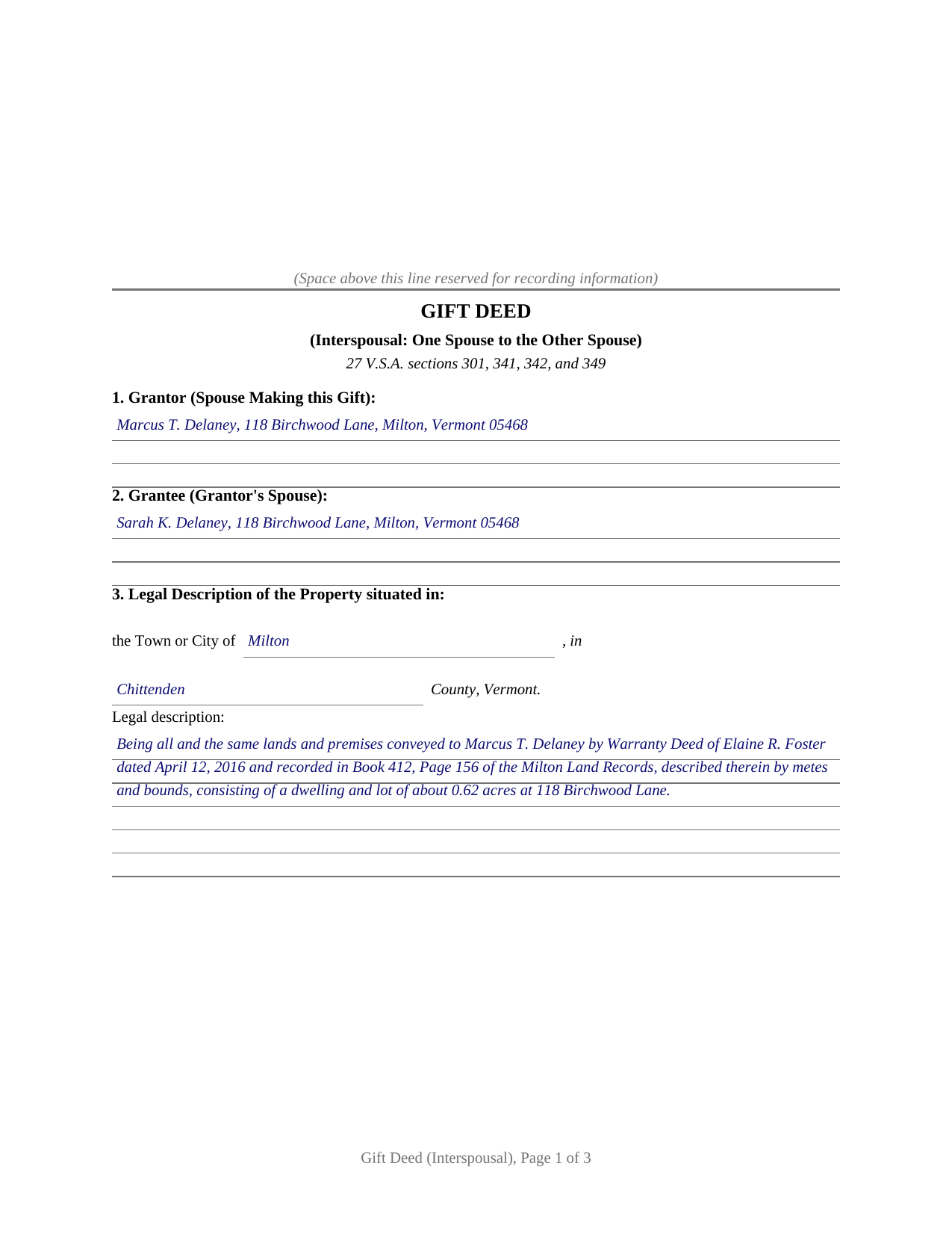 Rutland County Completed Example of the Gift Deed (Interspousal) Document