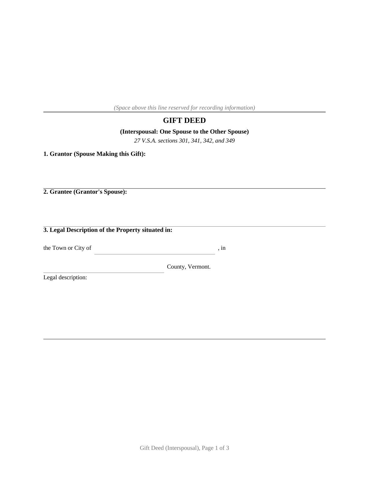 Rutland County Gift Deed (Interspousal) Form